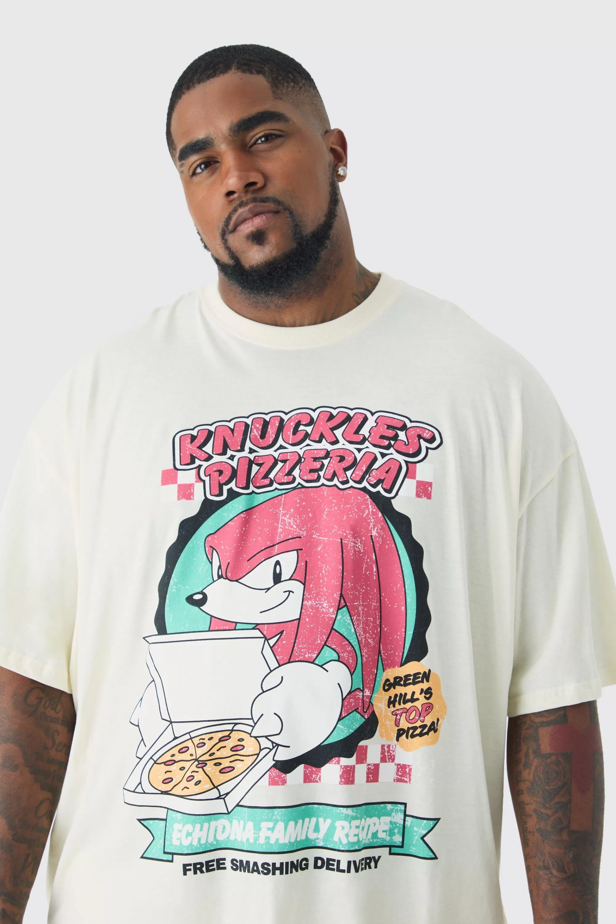 boohooMAN Plus Sonic Knuckles License Print T-shirt In White | UK ecru Clearance