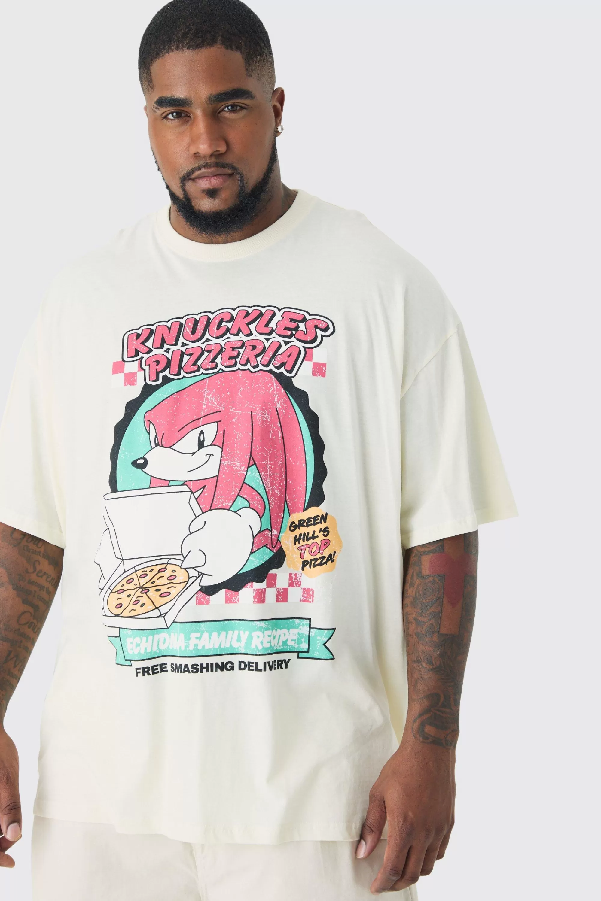 boohooMAN Plus Sonic Knuckles License Print T-shirt In White | UK ecru Clearance