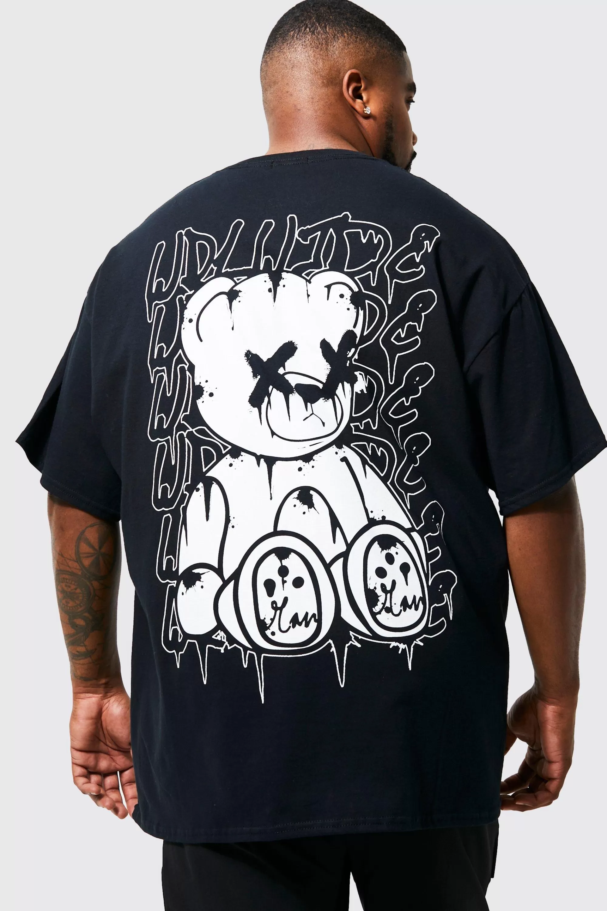 boohooMAN Plus Teddy Back Print T-shirt | UK black Clearance