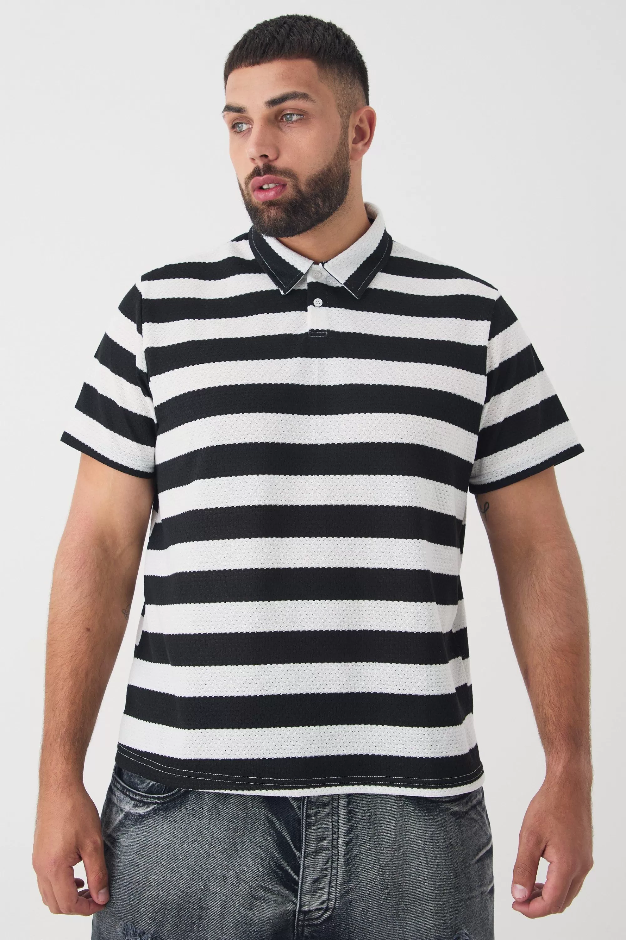 boohooMAN Plus Textured Stripe Polo | UK black Sale