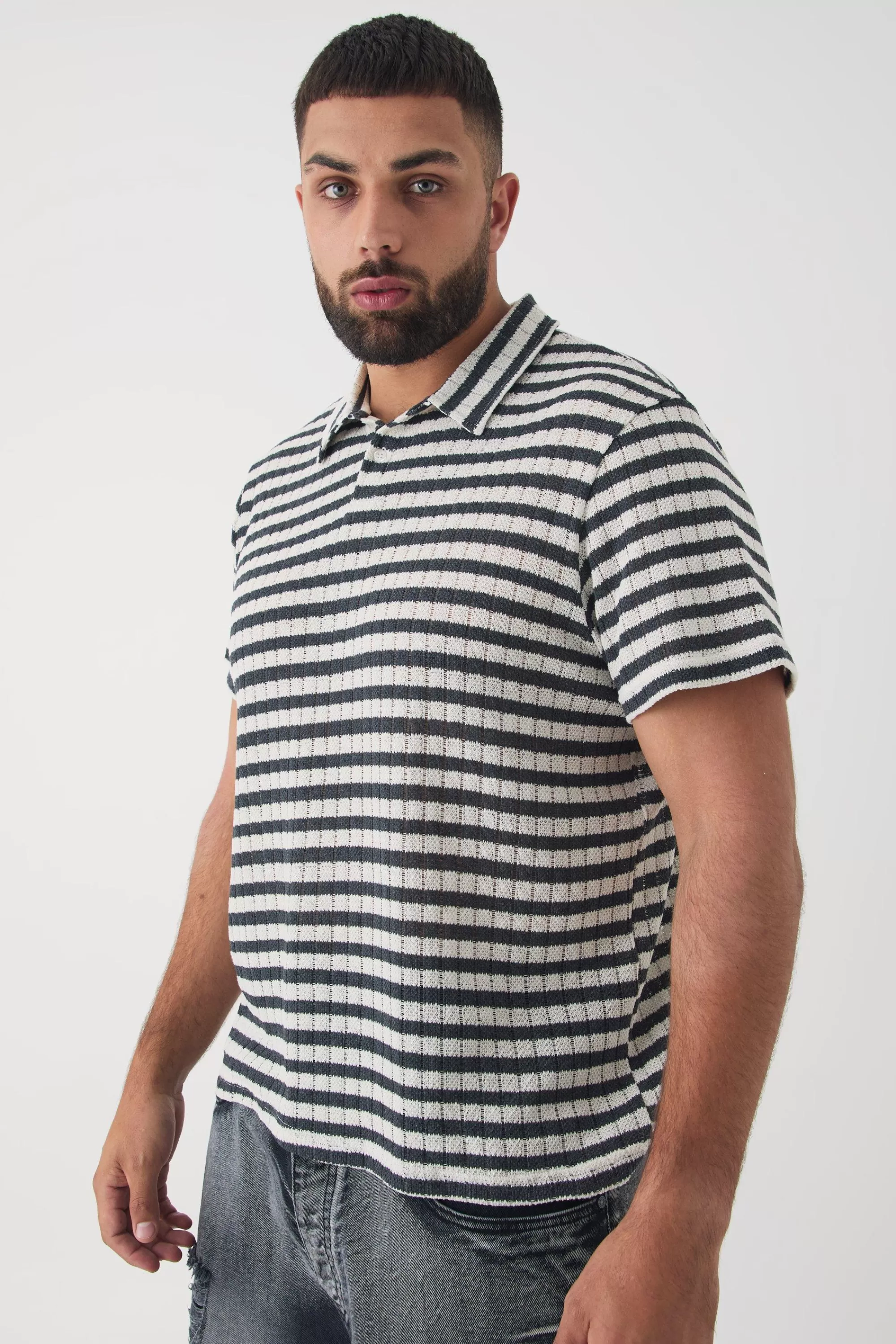 boohooMAN Plus Textured Stripe Polo | UK charcoal Discount