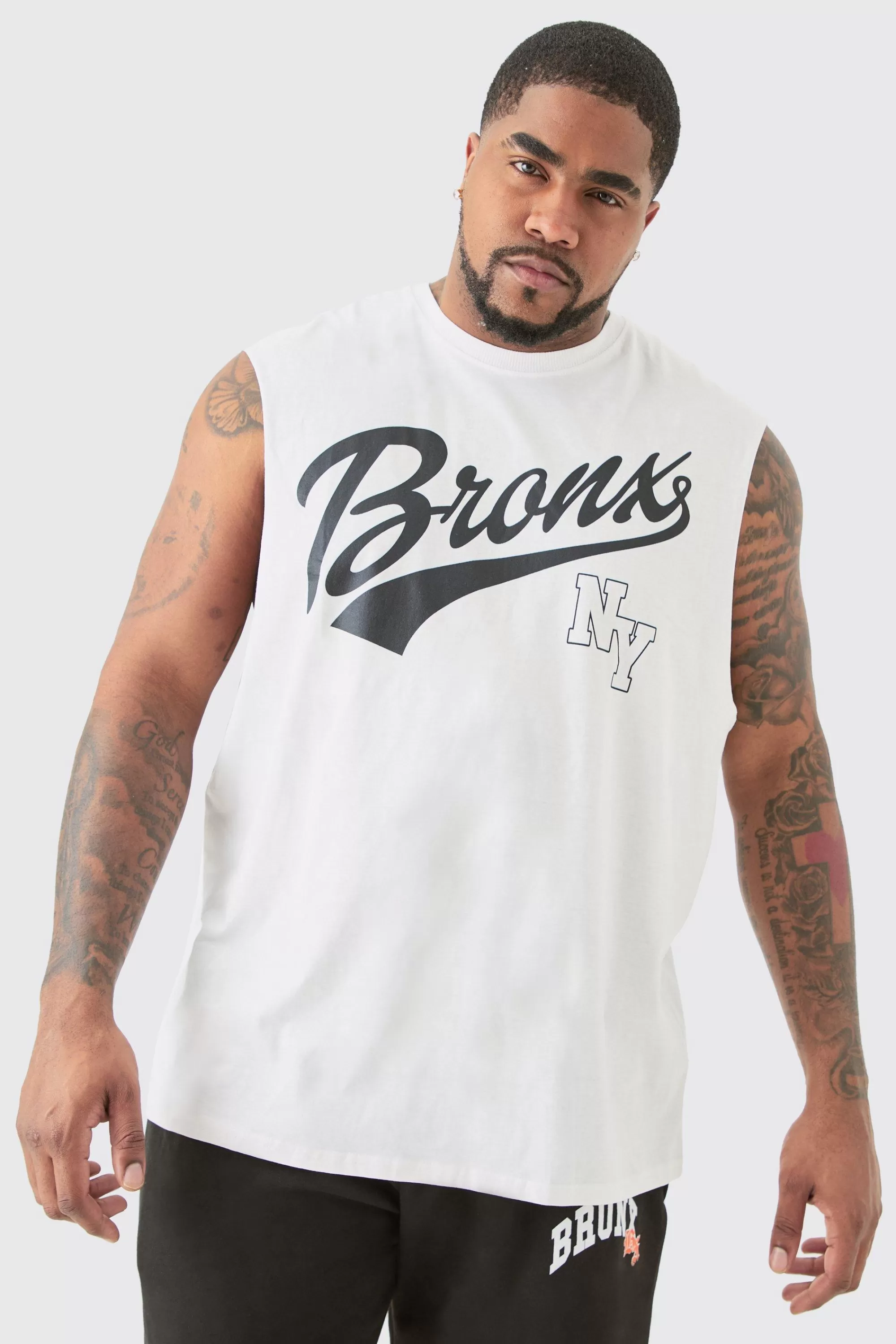 boohooMAN Plus Varsity Bronx Tank In | UK white Best