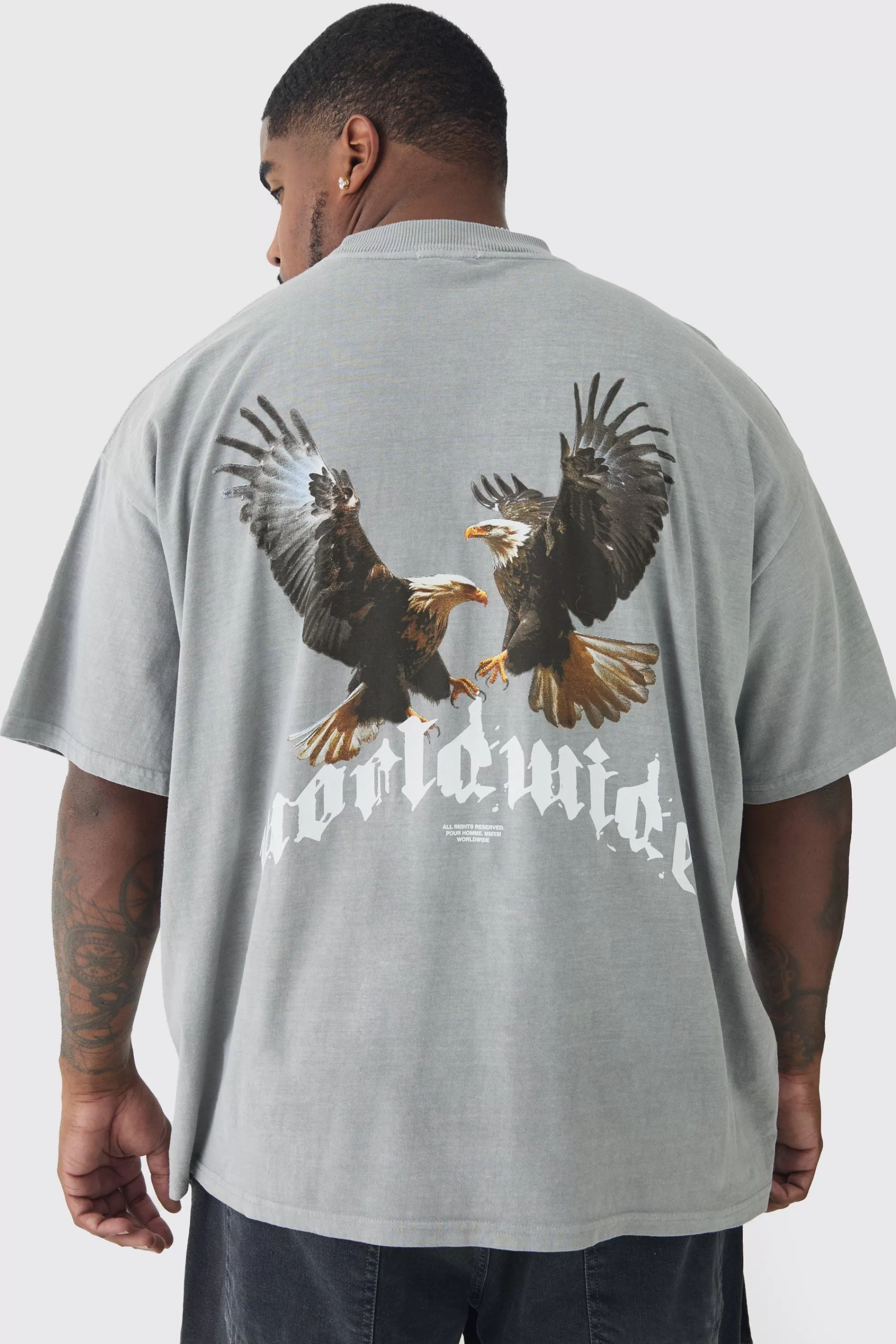 boohooMAN Plus Washed Oversized Extended Neck Eagle Graphic T-shirt | UK charcoal Store