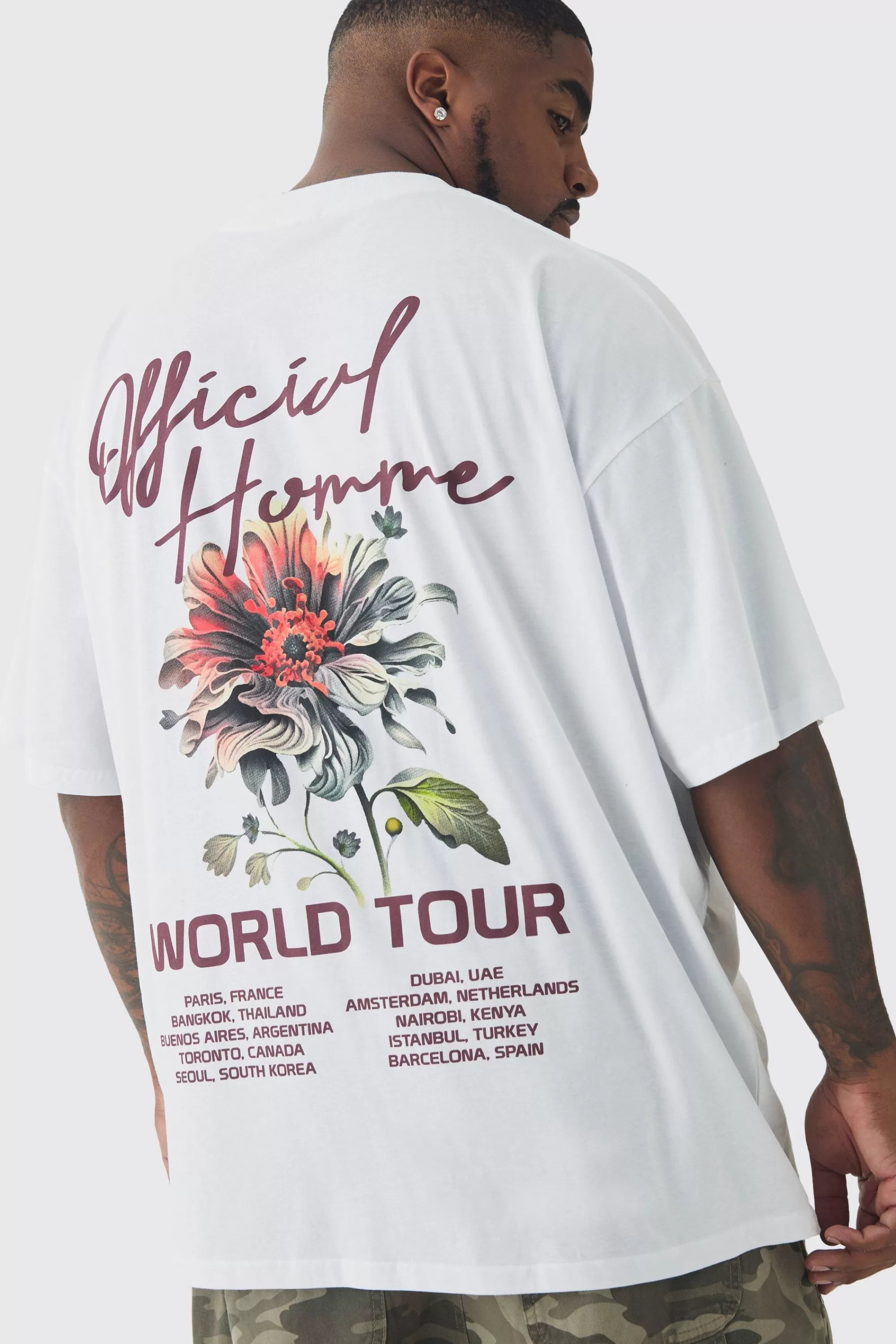 boohooMAN Plus World Tour Extended Neck Oversized T-Shirt | UK white Fashion