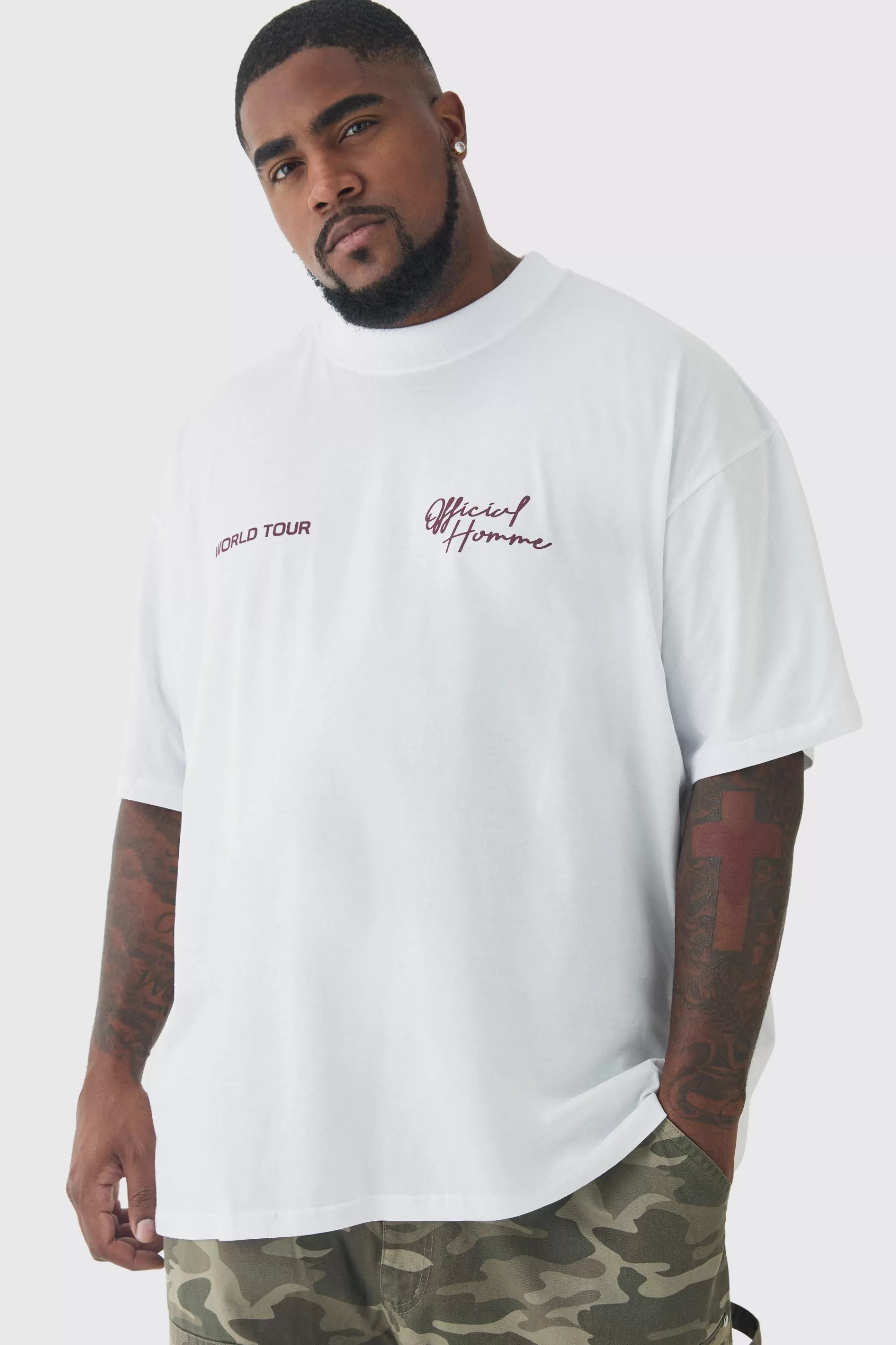 boohooMAN Plus World Tour Extended Neck Oversized T-Shirt | UK white Fashion