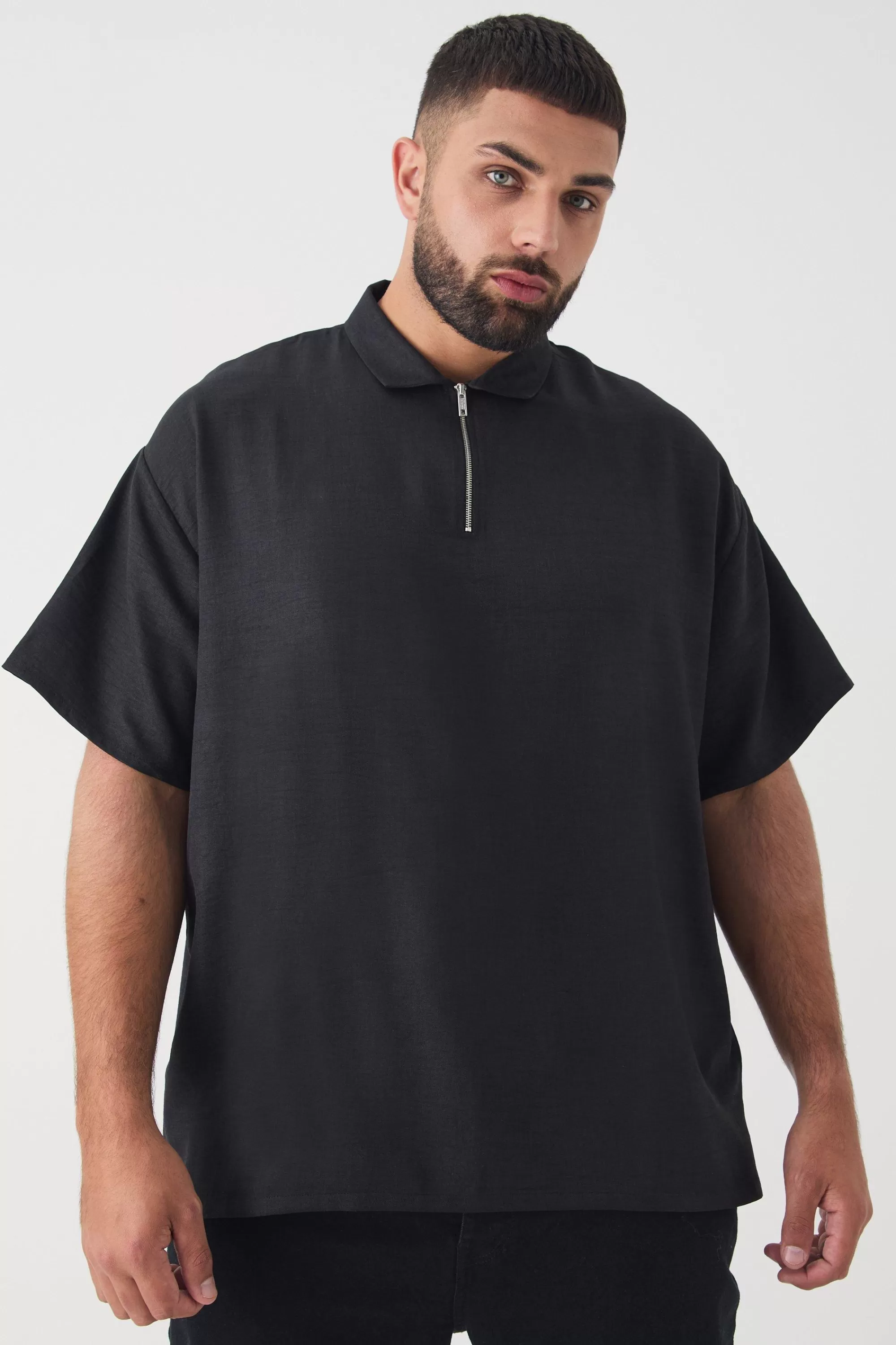 boohooMAN Plus Zip Up Linen Polo In | UK black Fashion