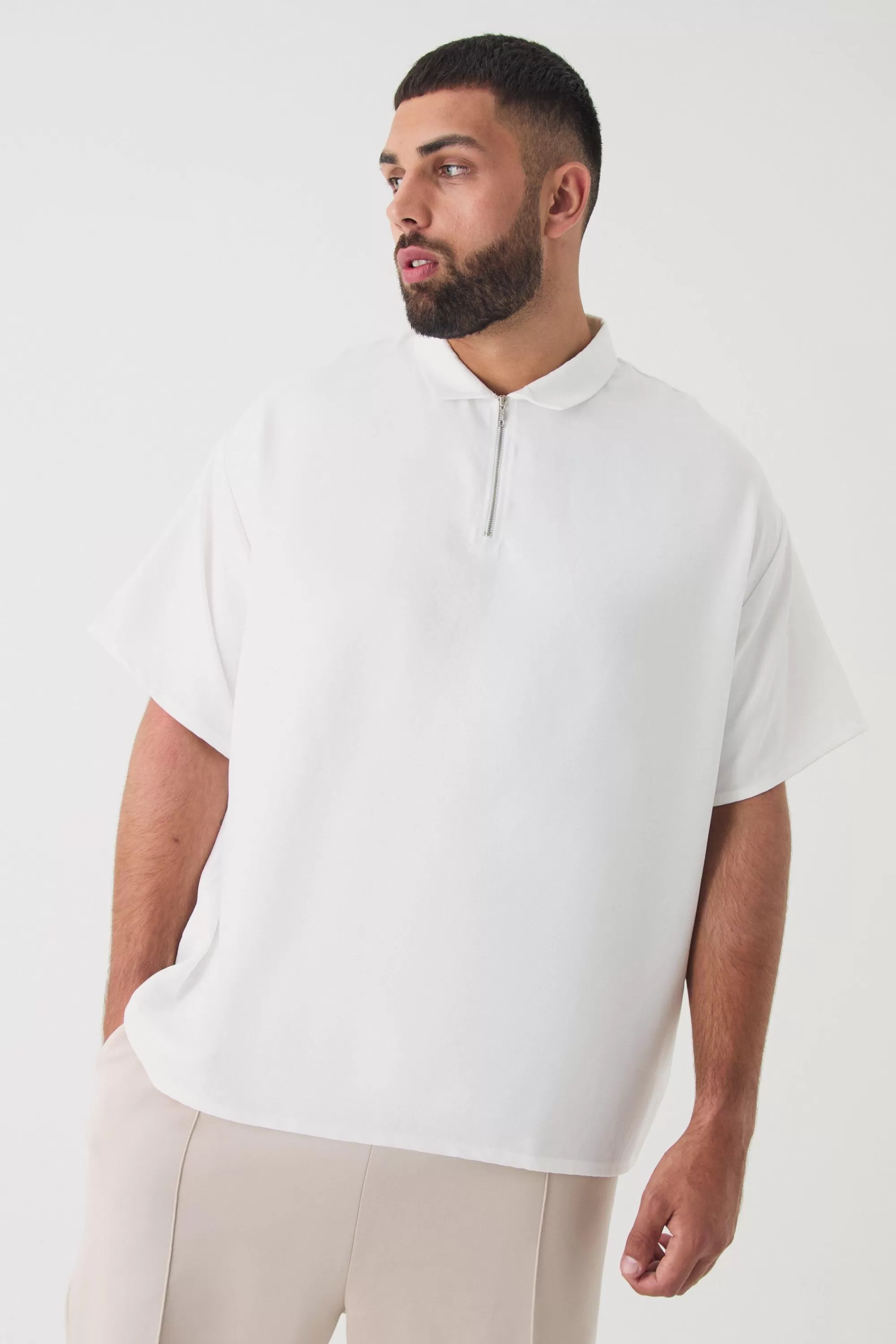 boohooMAN Plus Zip Up Linen Polo In | UK white Sale
