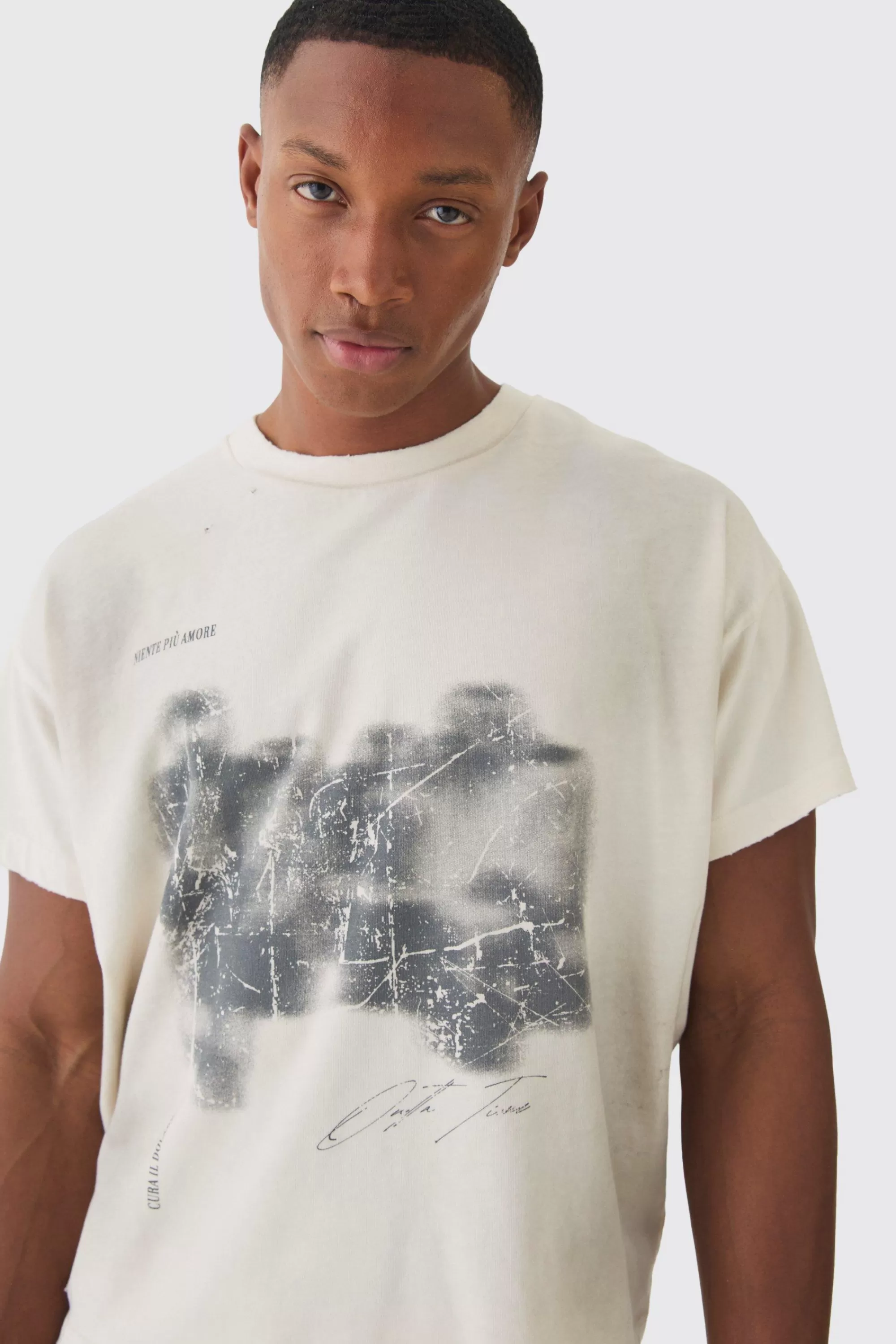 boohooMAN Premium Oversized Cropped Baby Washed & Printed T-shirt | UK stone Store