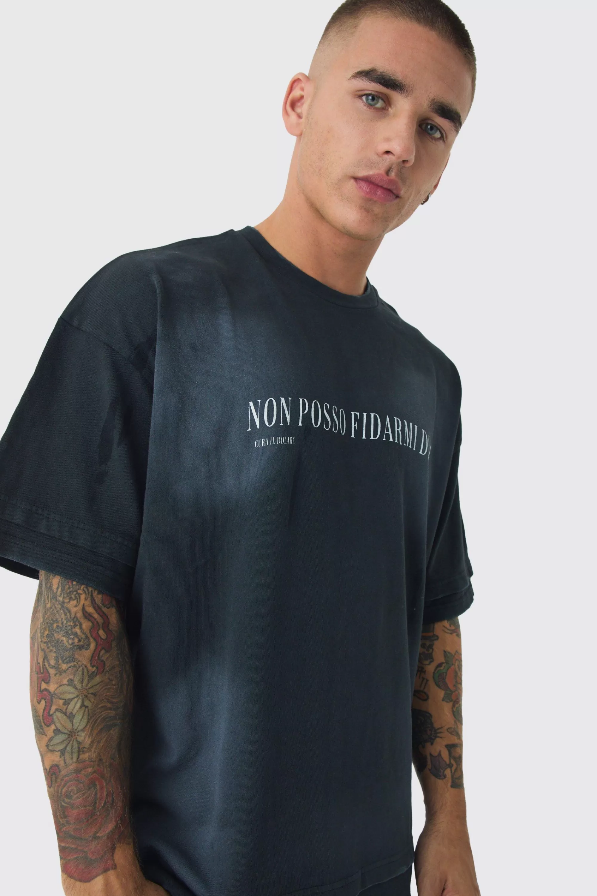 boohooMAN Premium Oversized Faux Layer Top Stitch Washed T-shirt | UK black Discount
