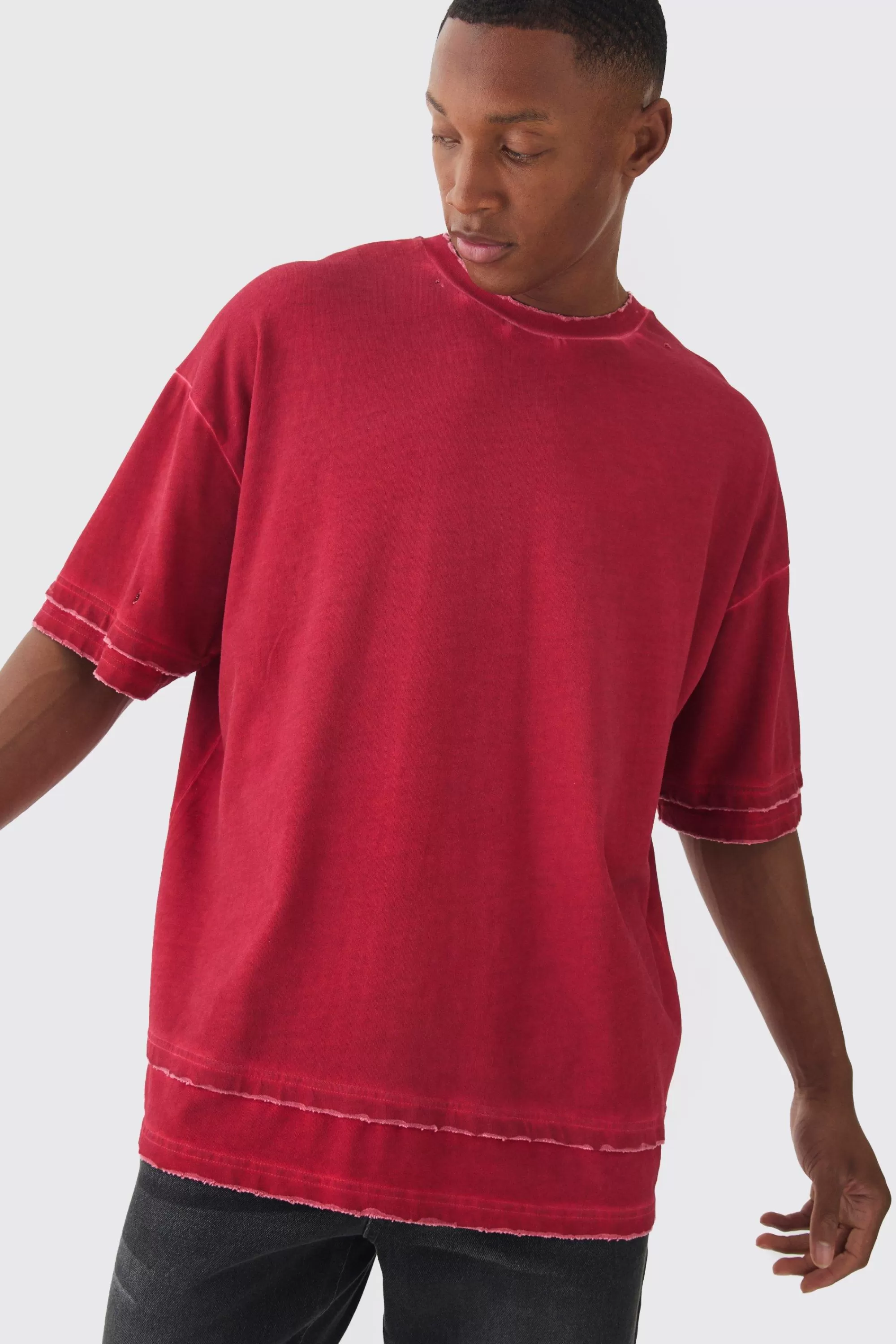 boohooMAN Premium Oversized Faux Layer Top Stitch Washed T-shirt | UK red Online