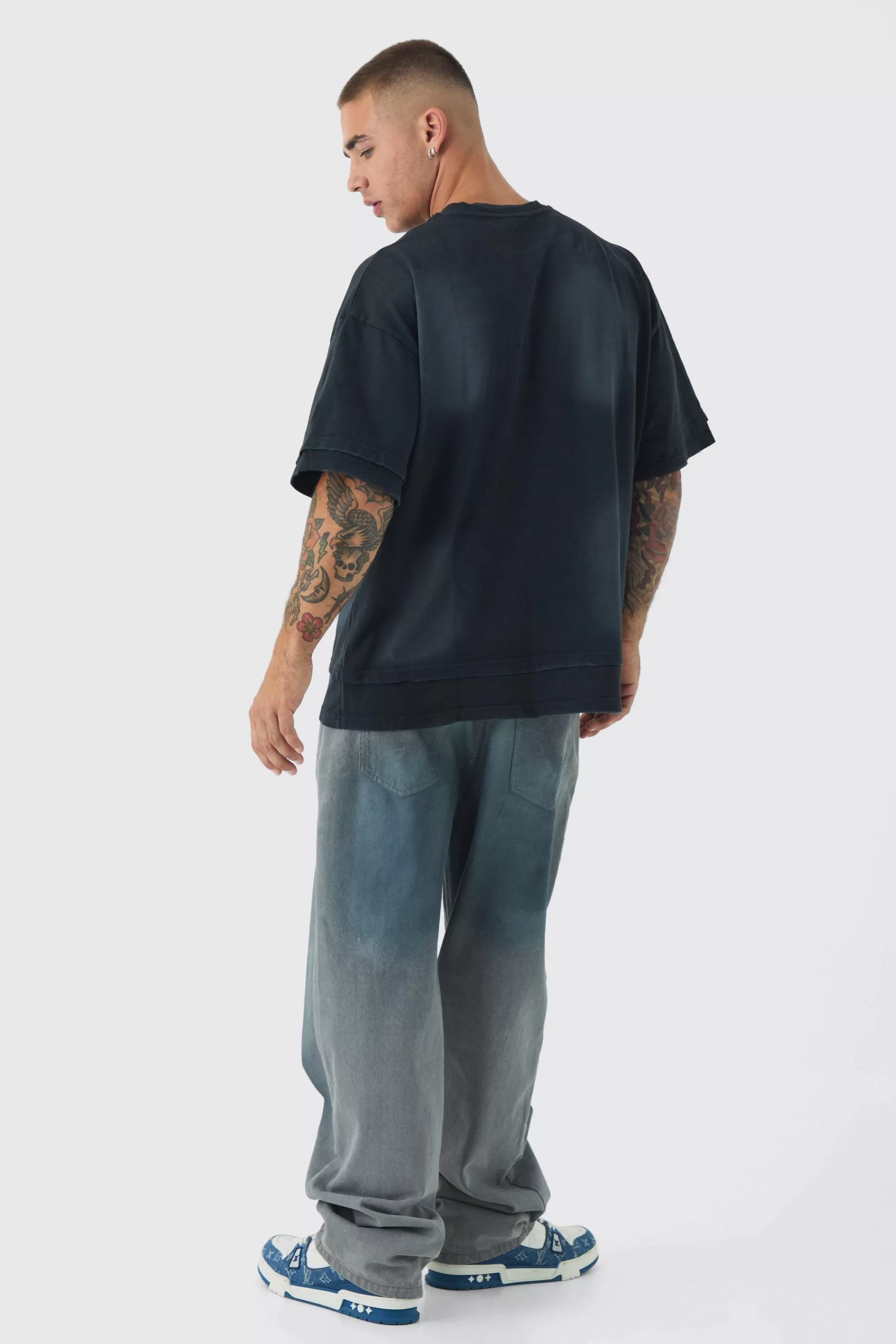 boohooMAN Premium Oversized Faux Layer Top Stitch Washed T-shirt | UK black Discount