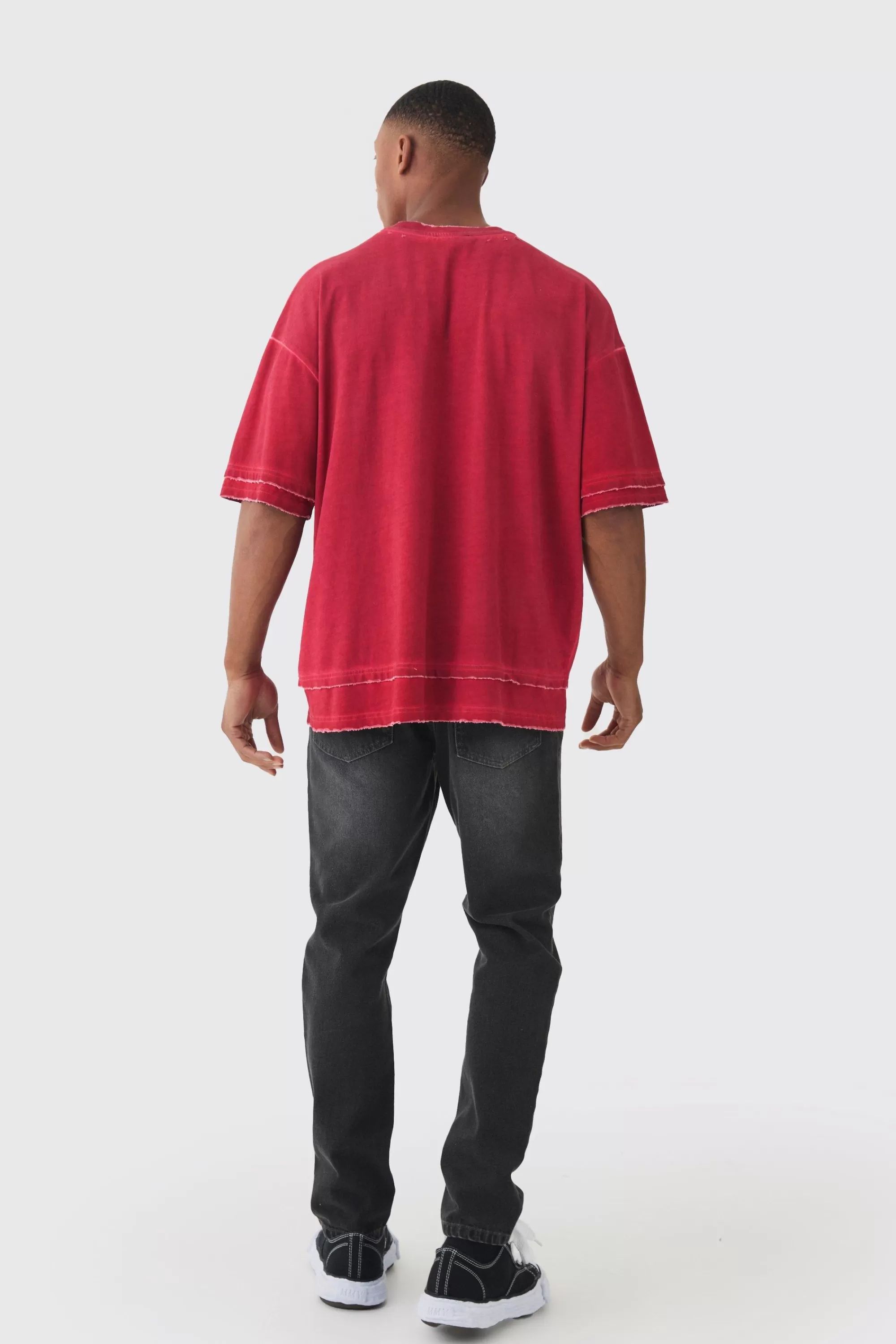 boohooMAN Premium Oversized Faux Layer Top Stitch Washed T-shirt | UK red Online