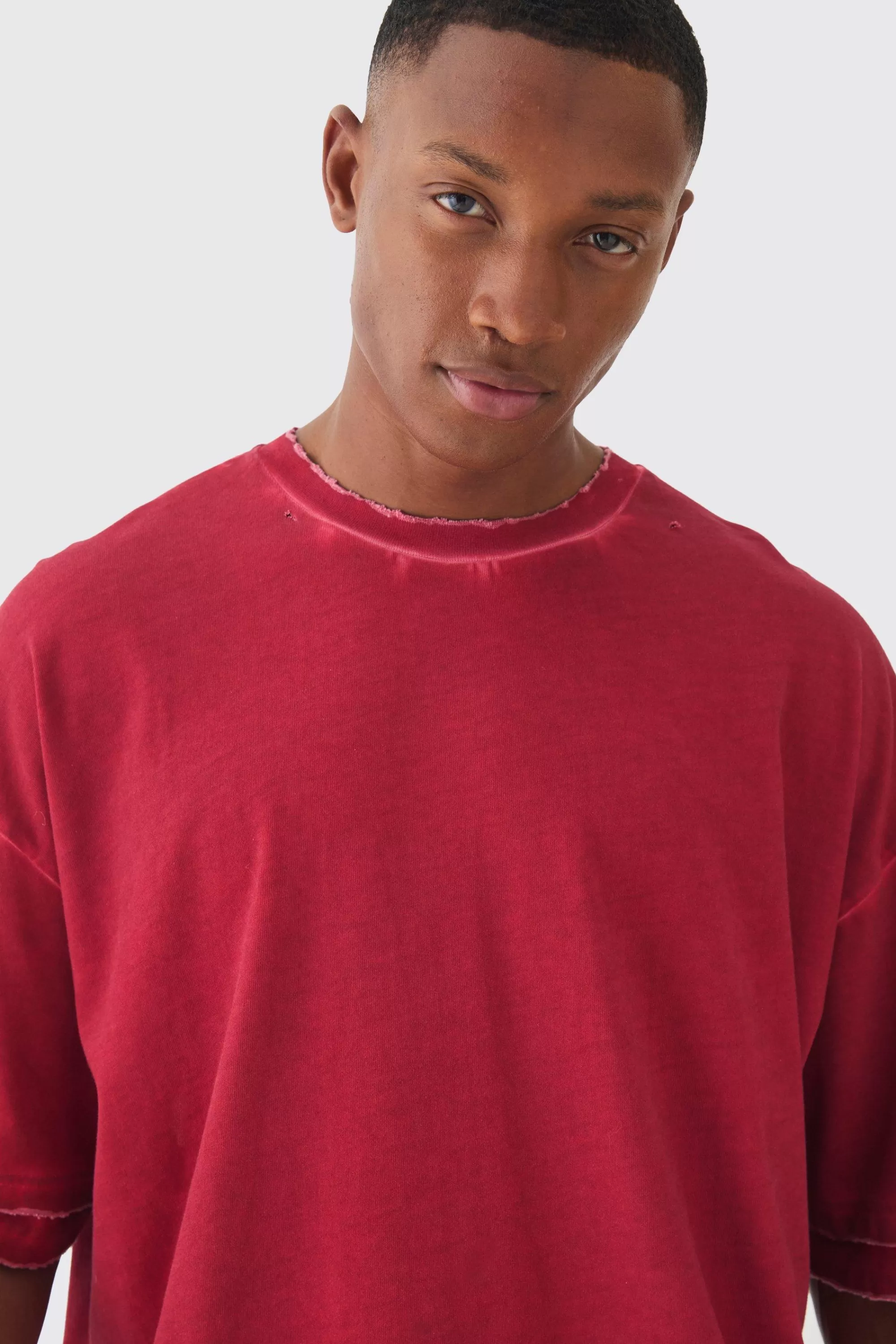 boohooMAN Premium Oversized Faux Layer Top Stitch Washed T-shirt | UK red Online