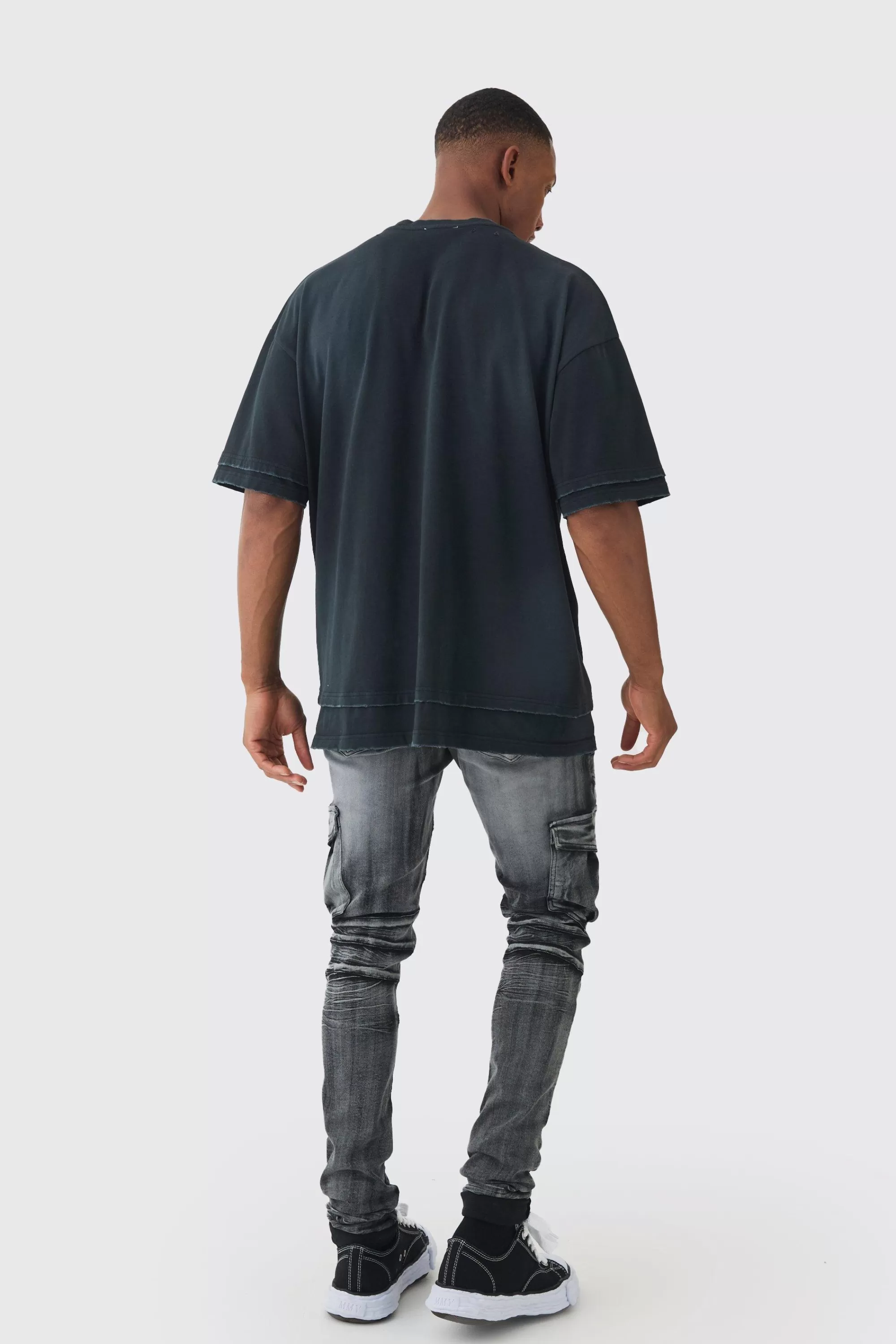 boohooMAN Premium Oversized Faux Layer Washed & Embroidered T-shirt | UK black Cheap
