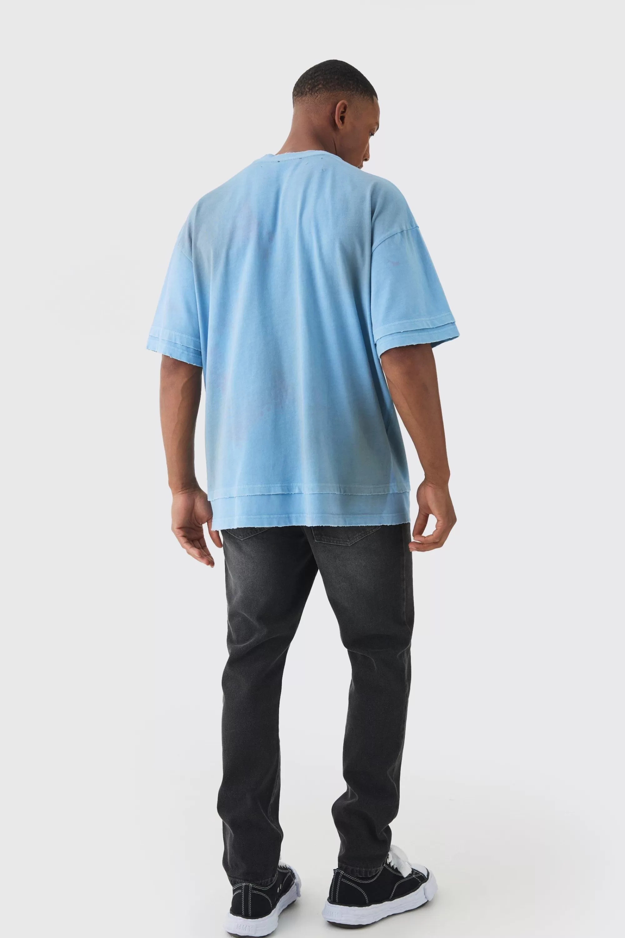 boohooMAN Premium Oversized Faux Layer Washed & Embroidered T-shirt | UK dusty blue Flash Sale
