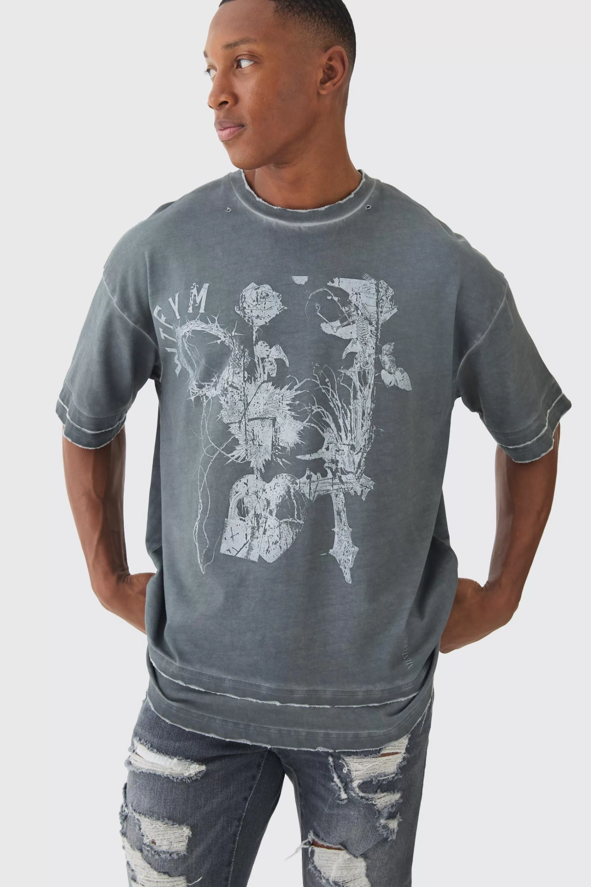 boohooMAN Premium Oversized Faux Layer Washed & Printed T-shirt | UK charcoal Clearance