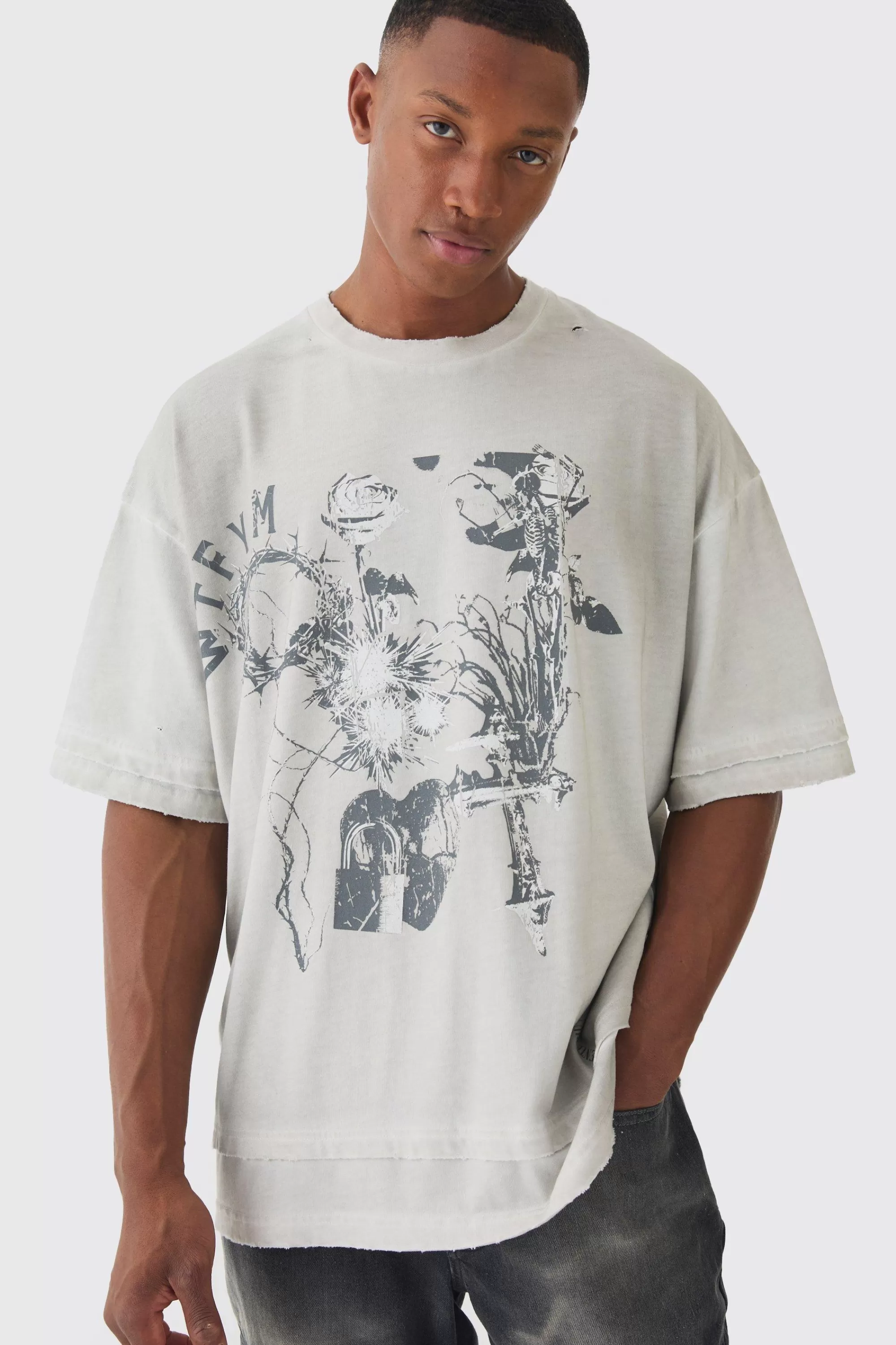 boohooMAN Premium Oversized Faux Layer Washed & Printed T-shirt | UK stone Online