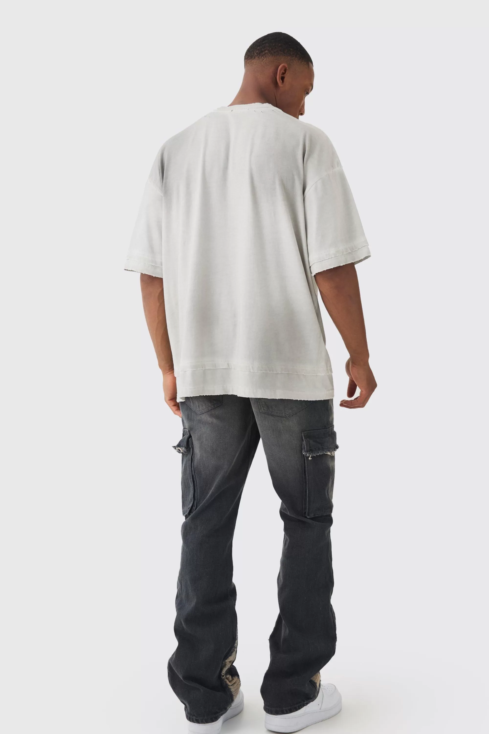 boohooMAN Premium Oversized Faux Layer Washed & Printed T-shirt | UK stone Online