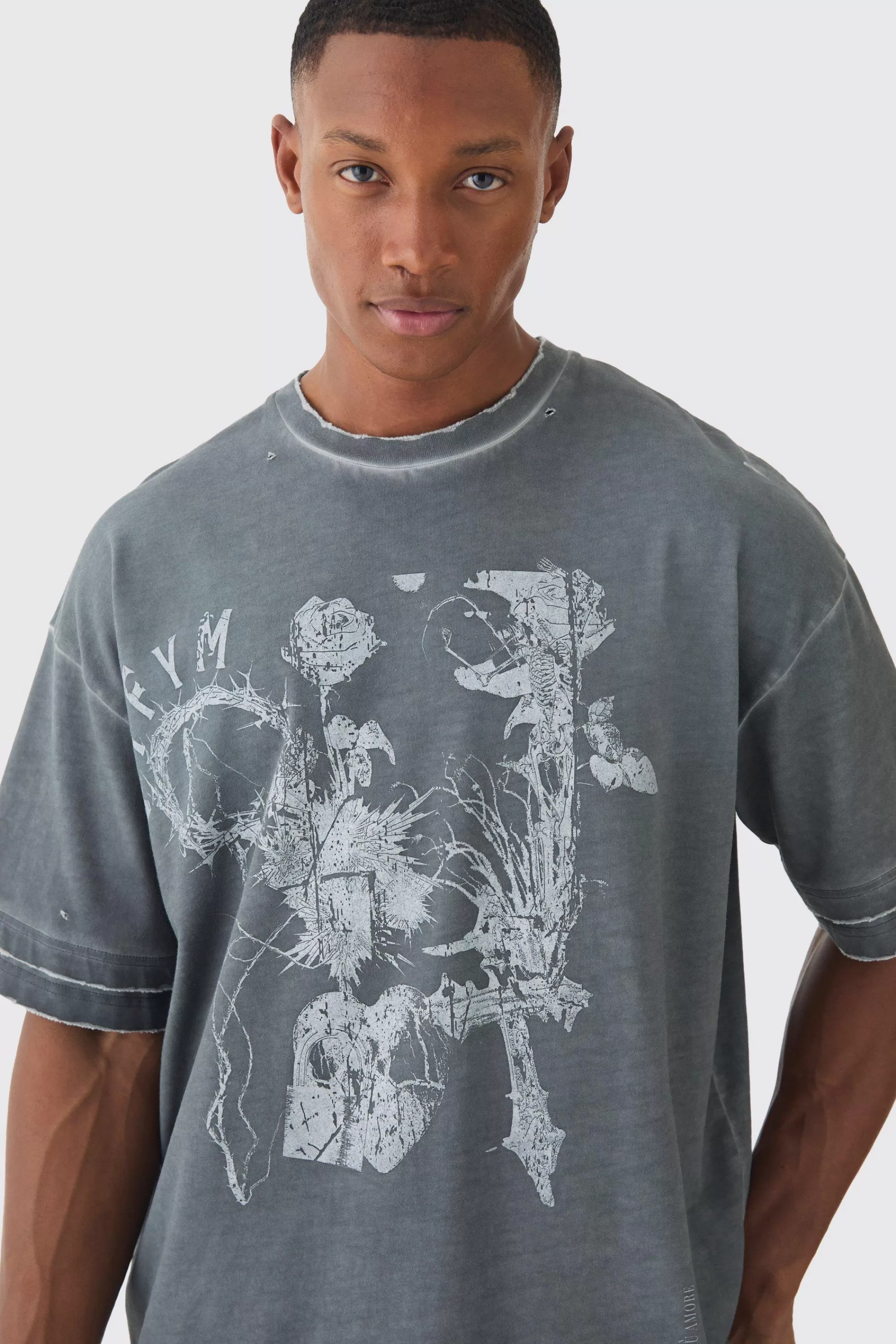 boohooMAN Premium Oversized Faux Layer Washed & Printed T-shirt | UK charcoal Clearance