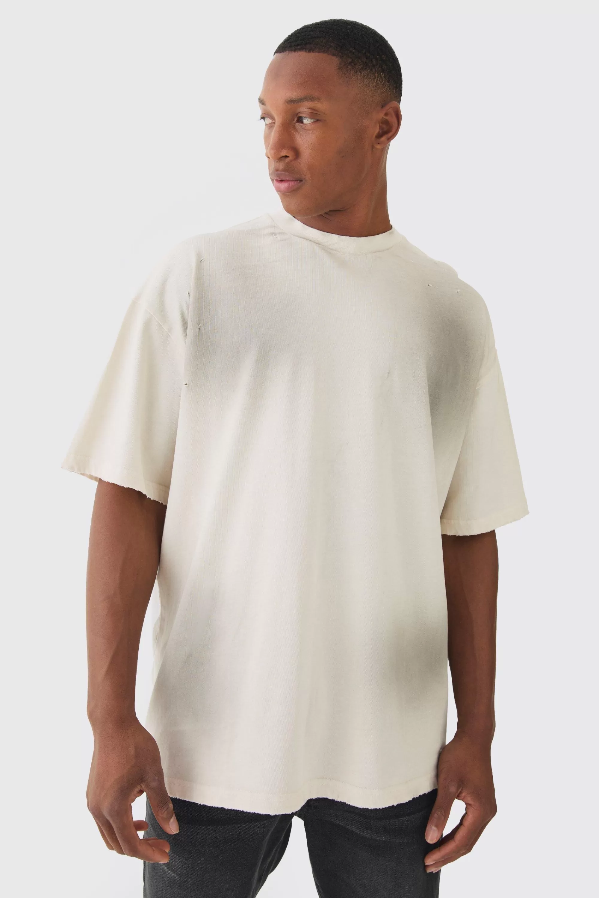 boohooMAN Premium Oversized Top Stitched & Washed T-shirt | UK stone Hot