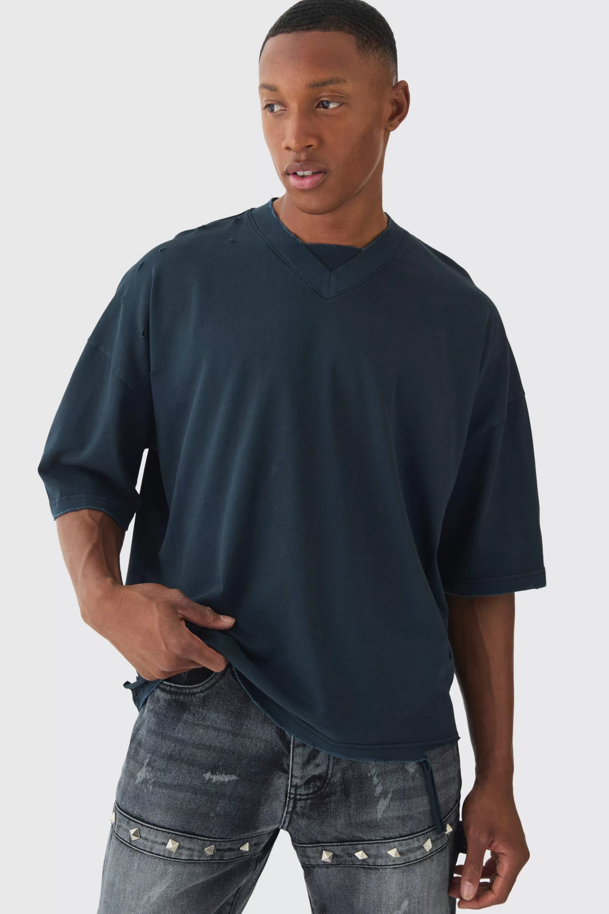 boohooMAN Premium Oversized V Neck Dropped Shoulder Top Stitched Washed T-shirt | UK black Cheap