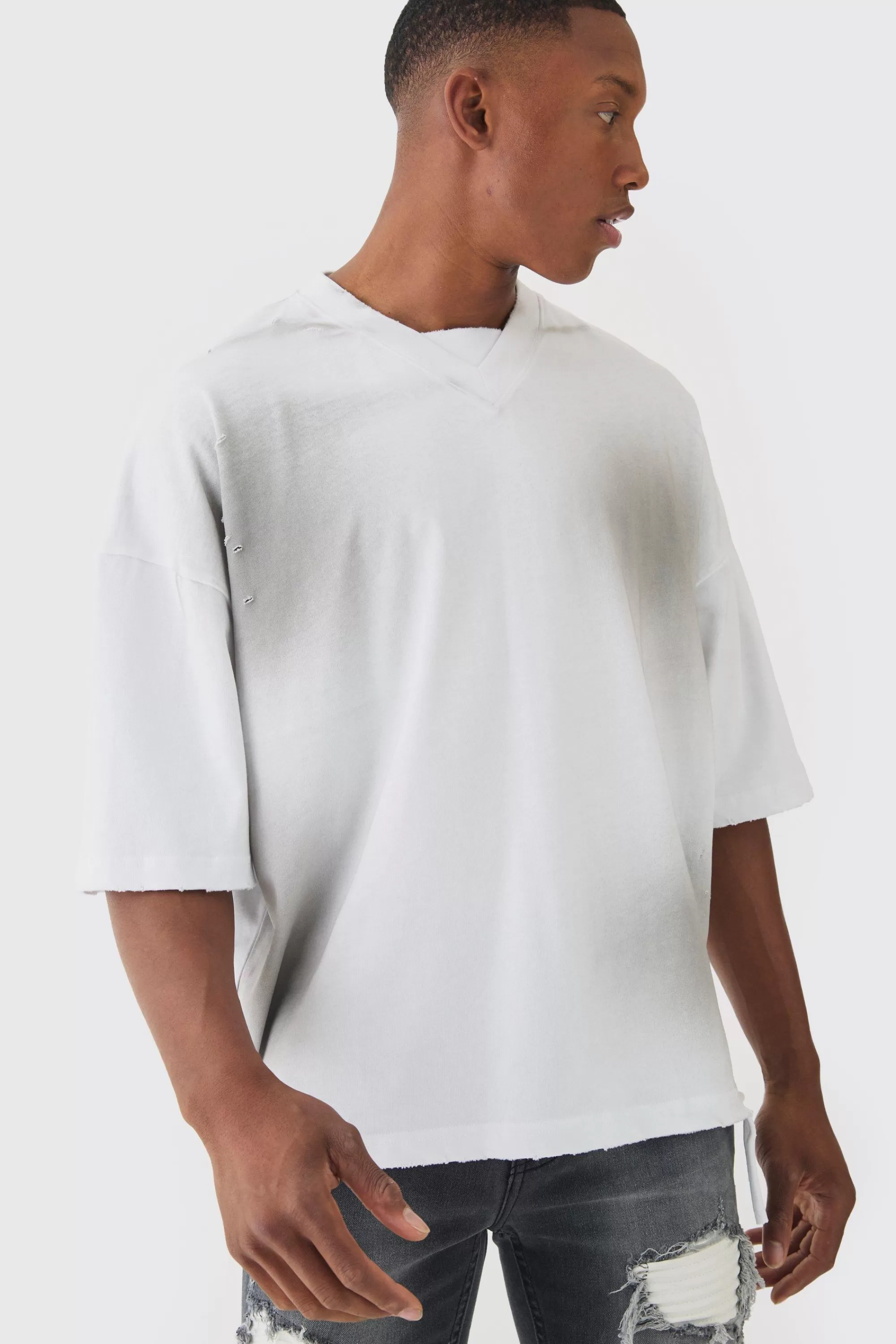 boohooMAN Premium Oversized V Neck Dropped Shoulder Top Stitched, Washed T-shirt | UK white Discount