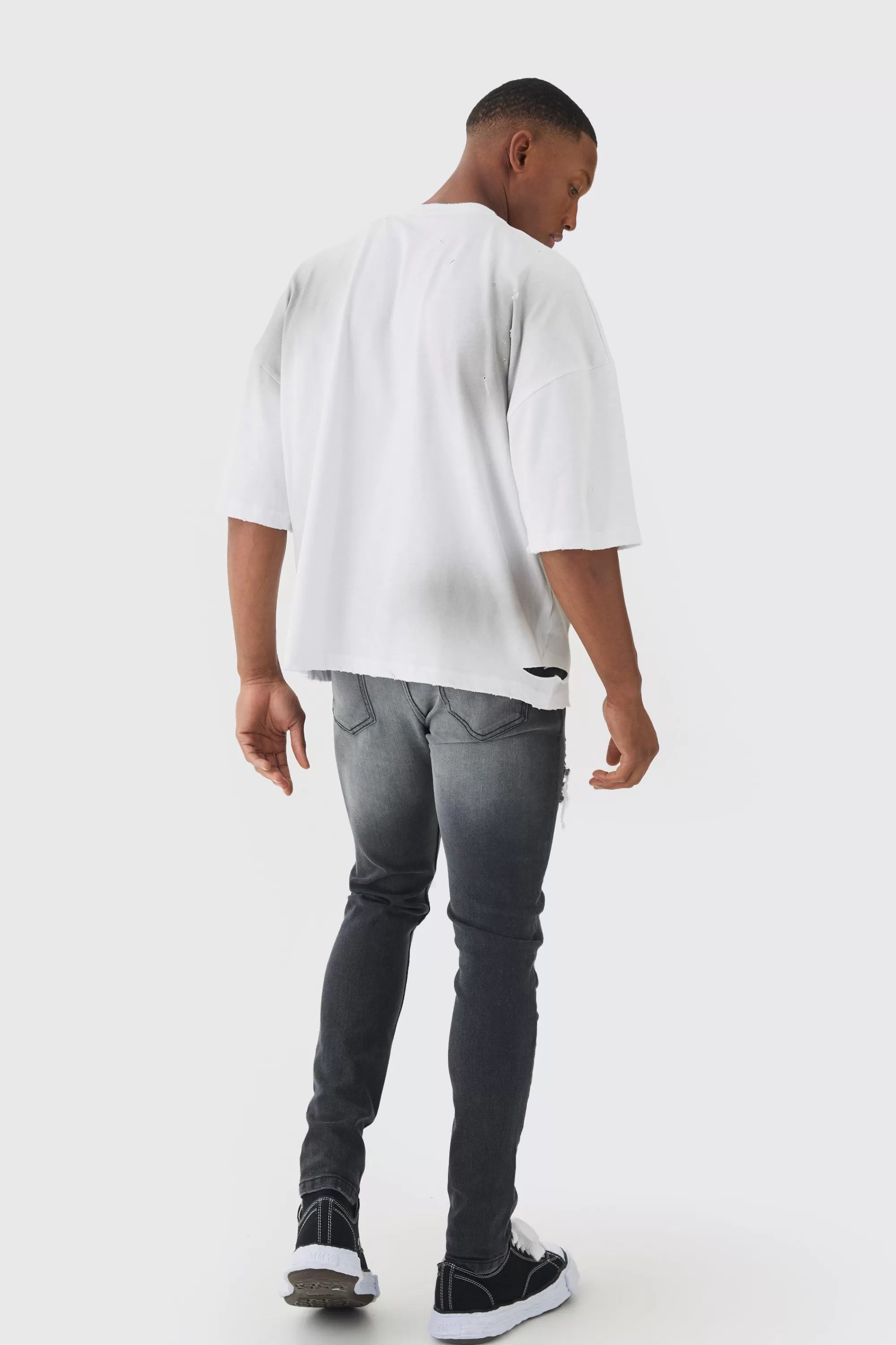 boohooMAN Premium Oversized V Neck Dropped Shoulder Top Stitched, Washed T-shirt | UK white Discount