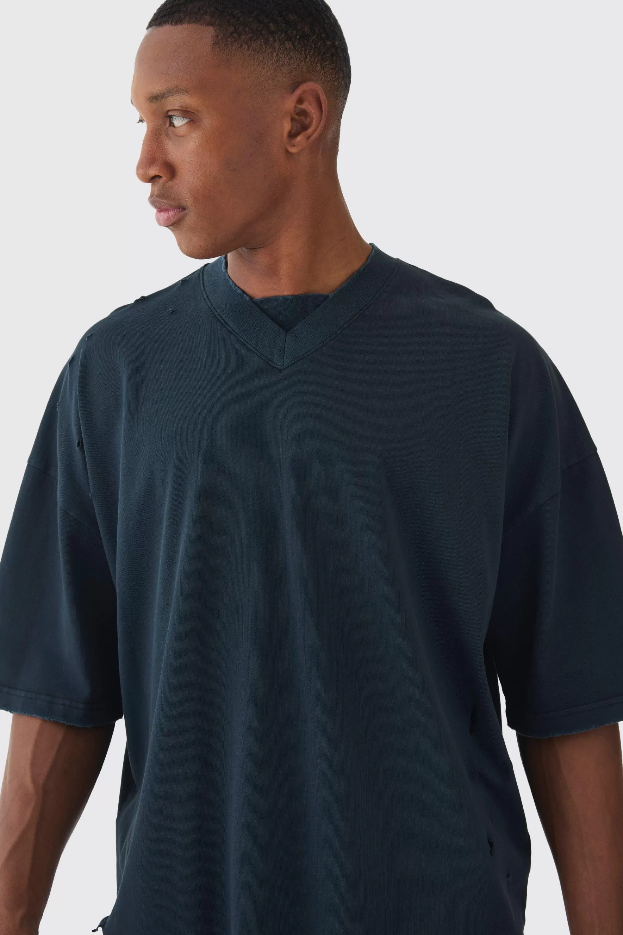 boohooMAN Premium Oversized V Neck Dropped Shoulder Top Stitched Washed T-shirt | UK black Cheap