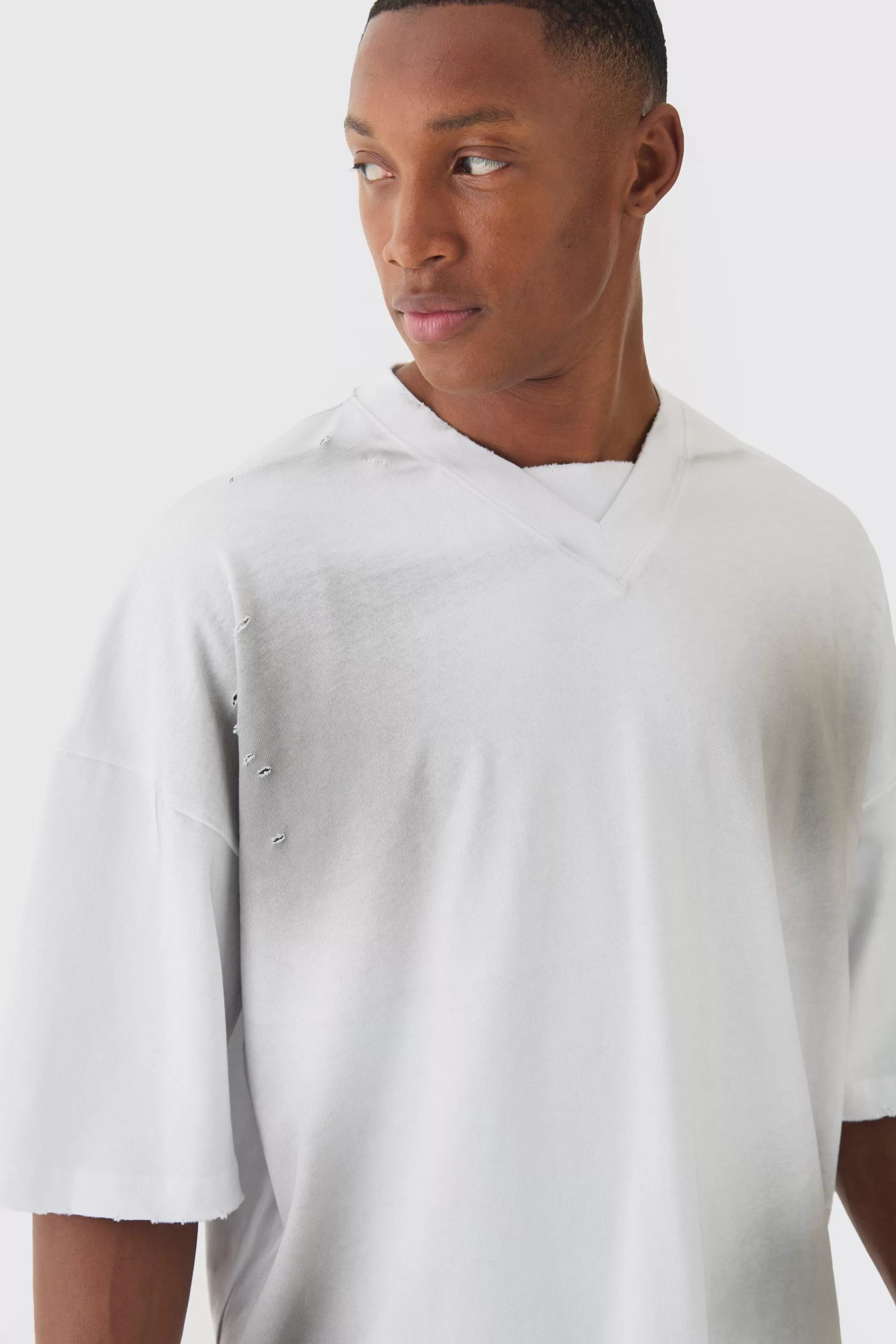 boohooMAN Premium Oversized V Neck Dropped Shoulder Top Stitched, Washed T-shirt | UK white Discount