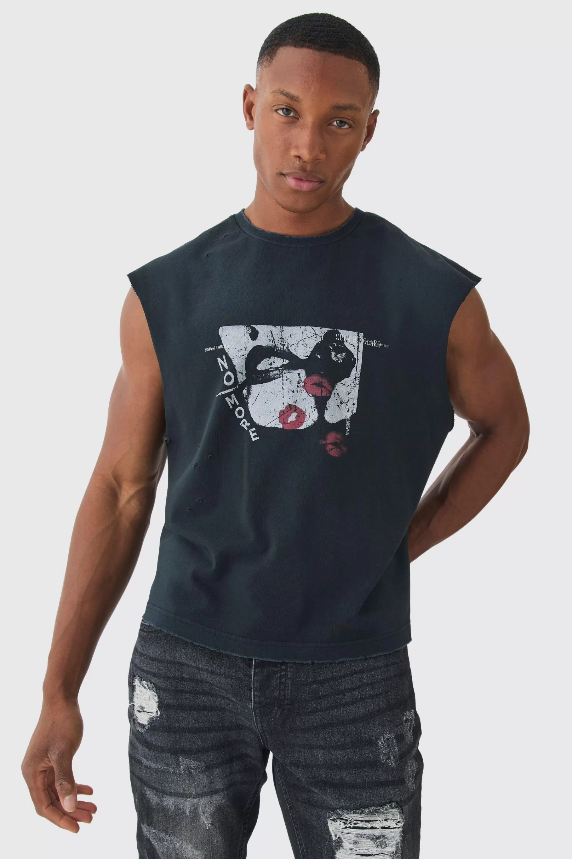 boohooMAN Premium Oversized Washed & Printed Boxy Tank | UK black Cheap