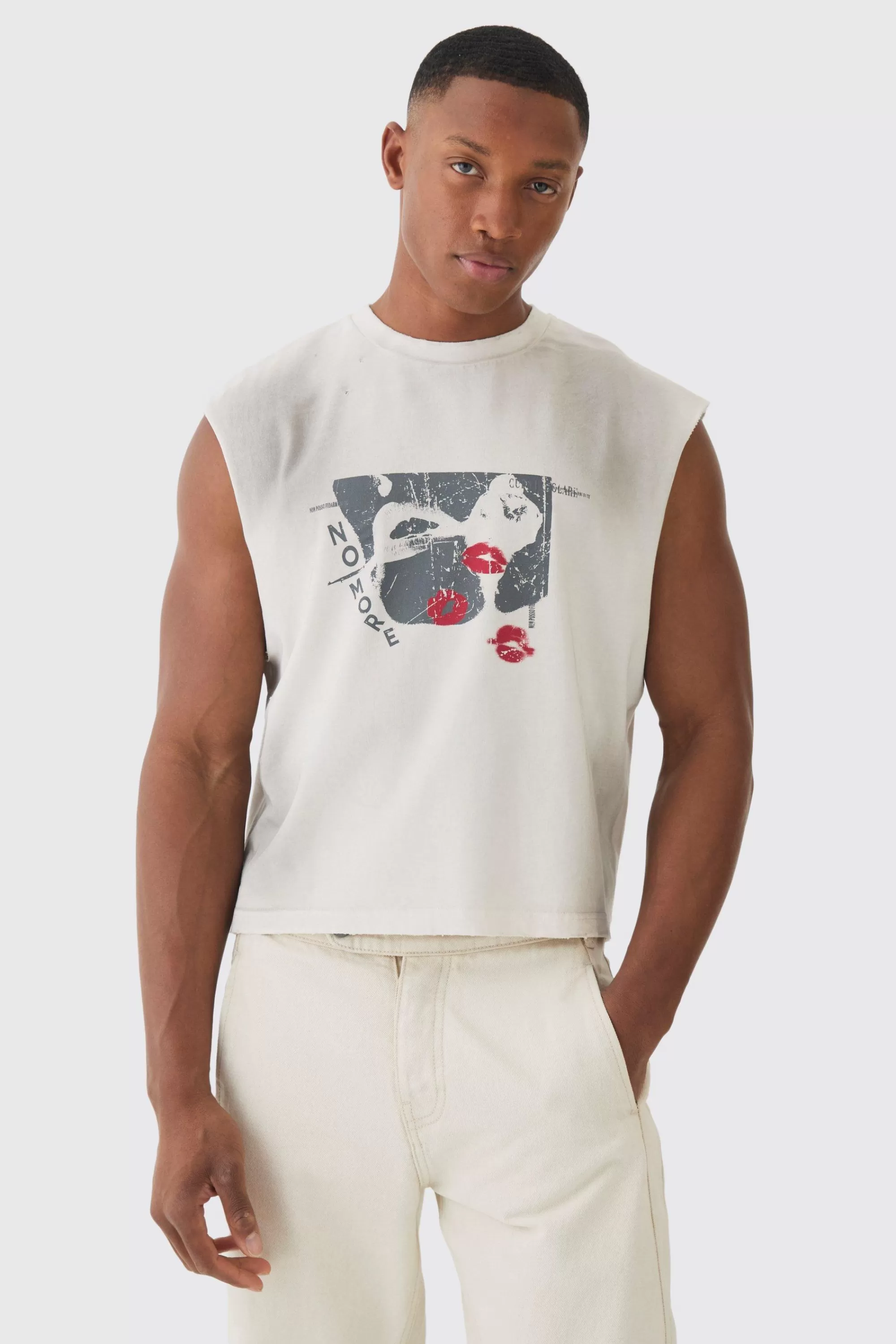 boohooMAN Premium Oversized Washed & Printed Boxy Tank | UK stone Sale