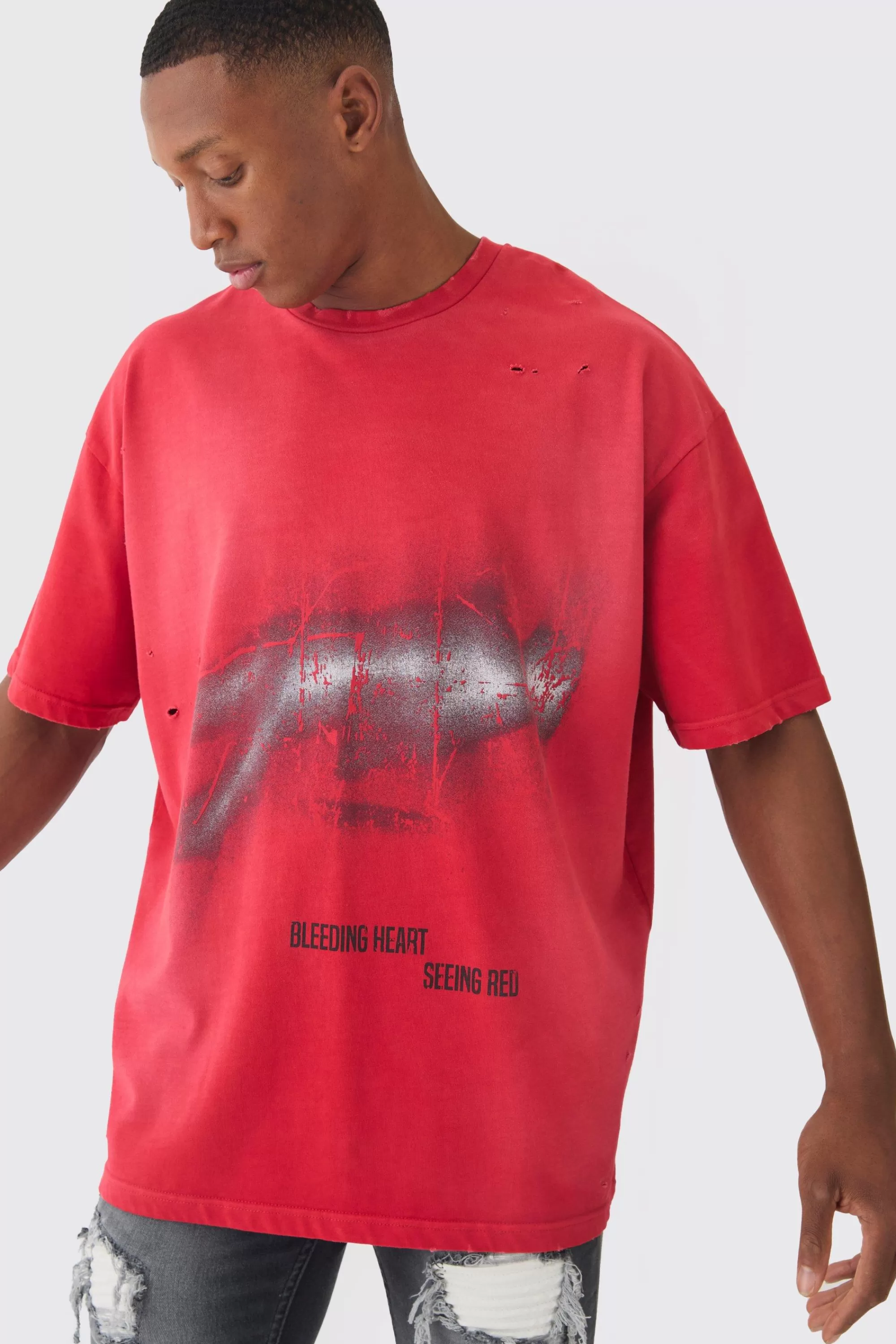 boohooMAN Premium Oversized Washed & Printed T-shirt | UK red Sale