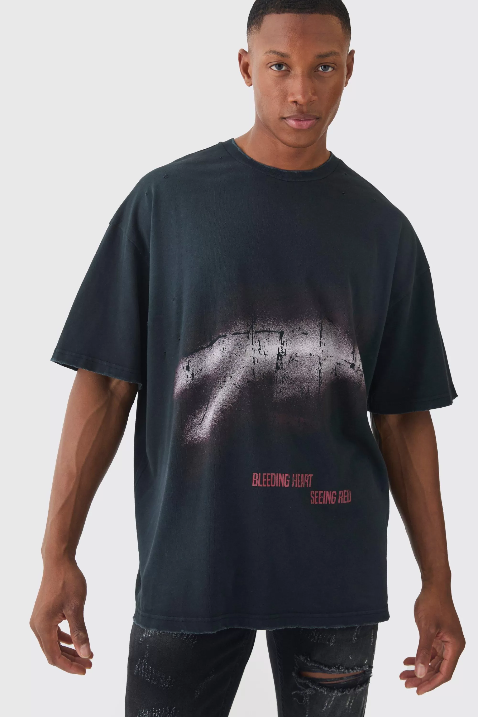 boohooMAN Premium Oversized Washed & Printed T-shirt | UK black Outlet
