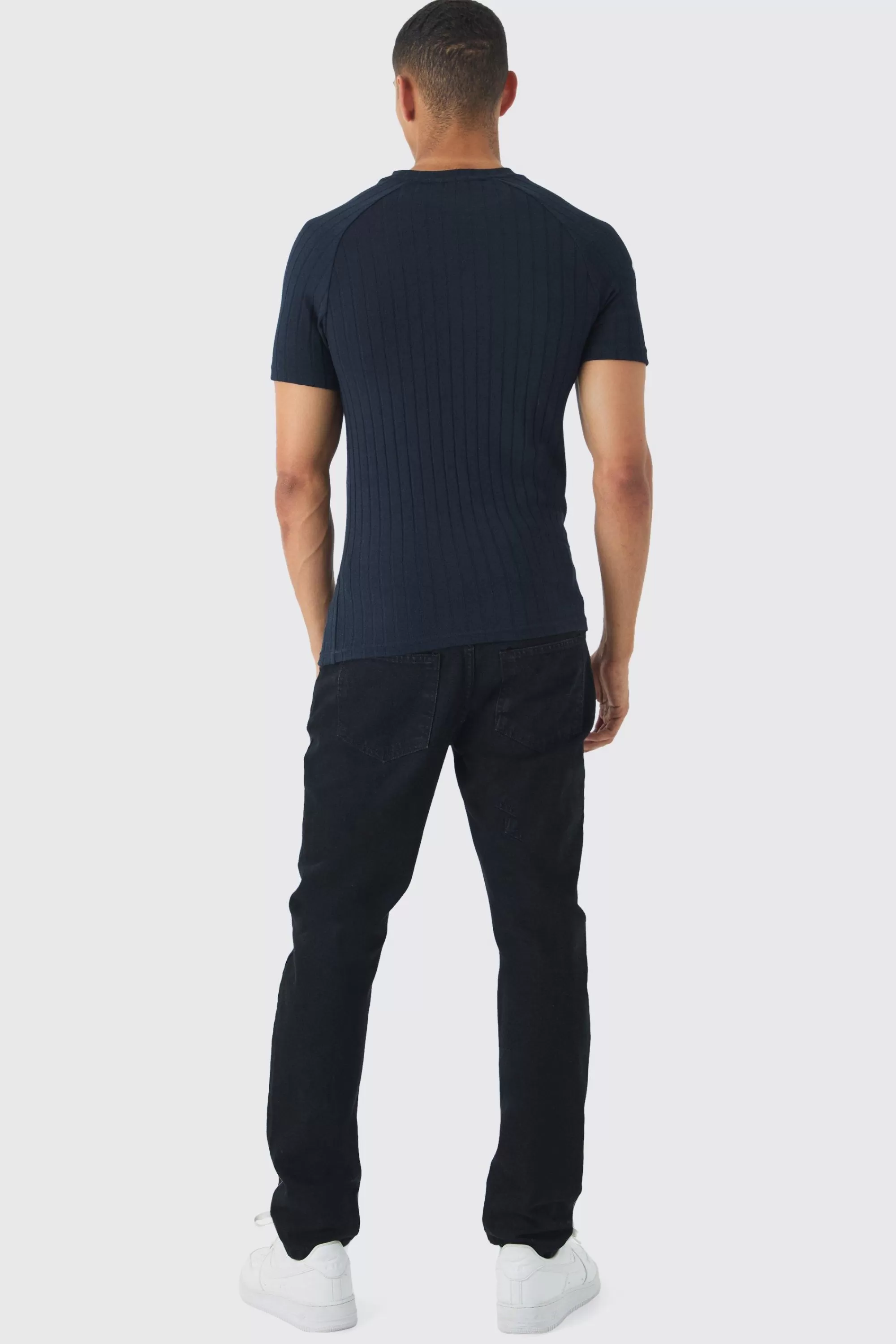 boohooMAN Raglan Chunky Rib Athlete T-Shirt | UK navy Store
