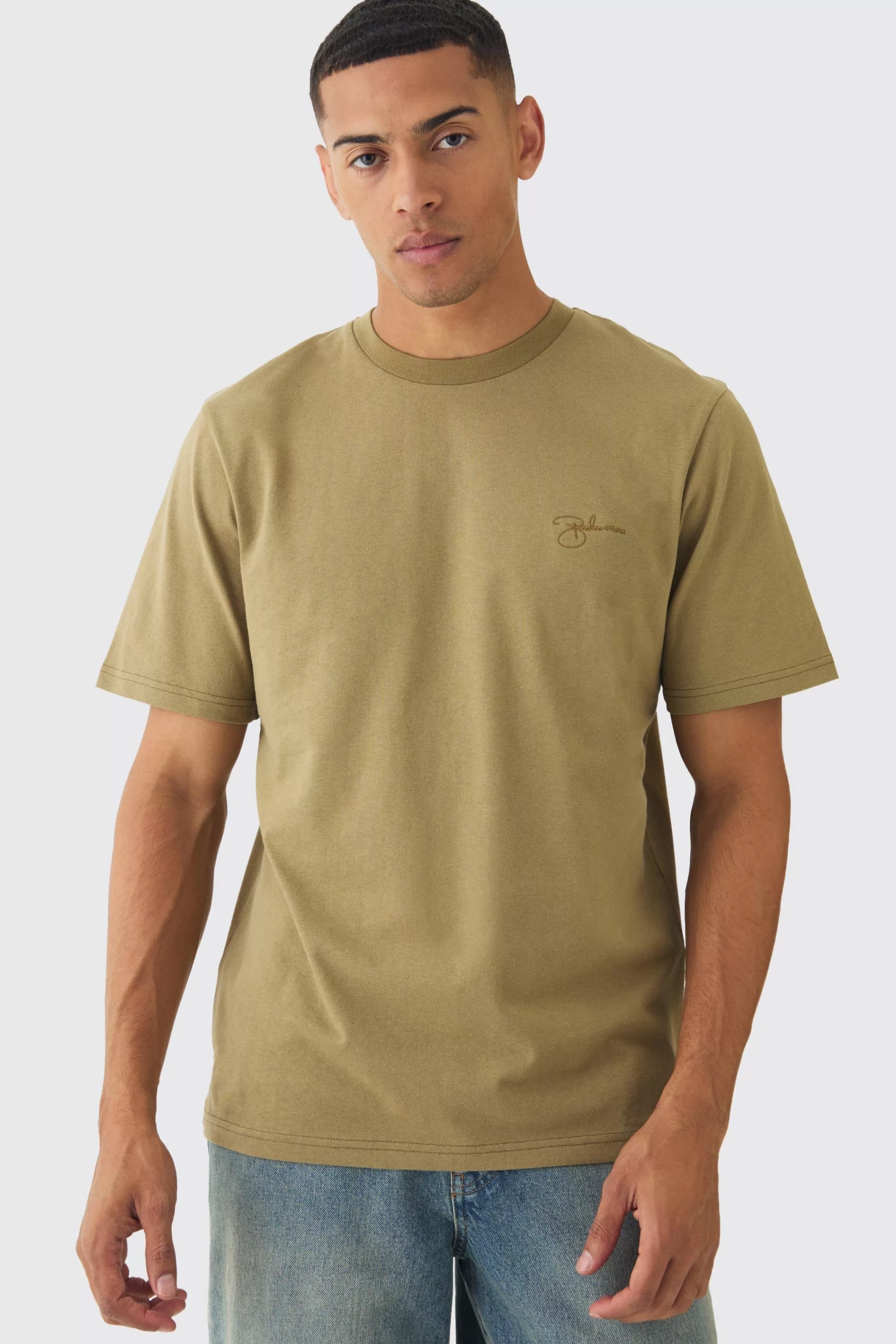 boohooMAN Regular Fit Embroidered T-Shirt | UK olive Fashion