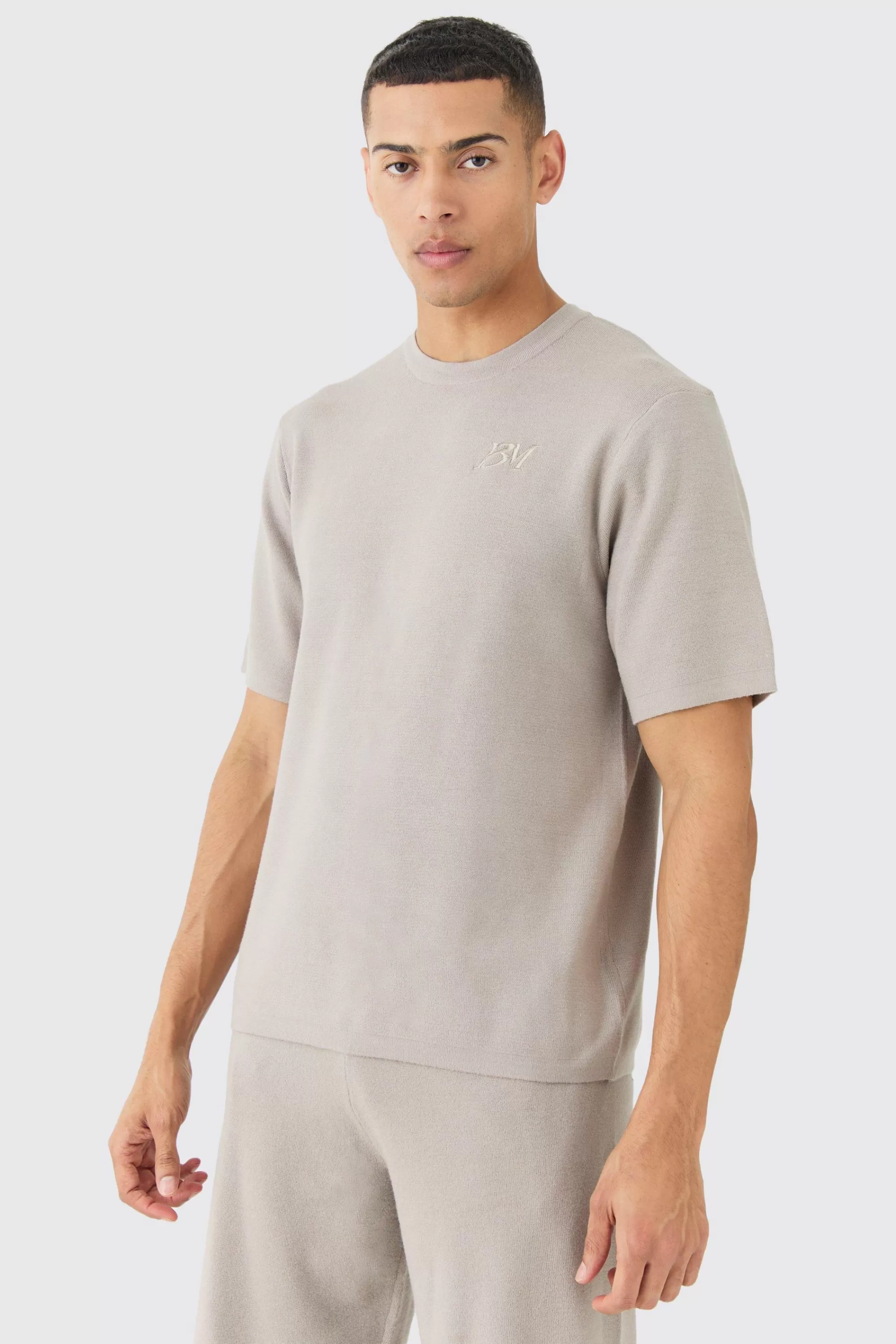 boohooMAN Regular Fit Man Branded Knitted T-shirt | UK light grey Cheap