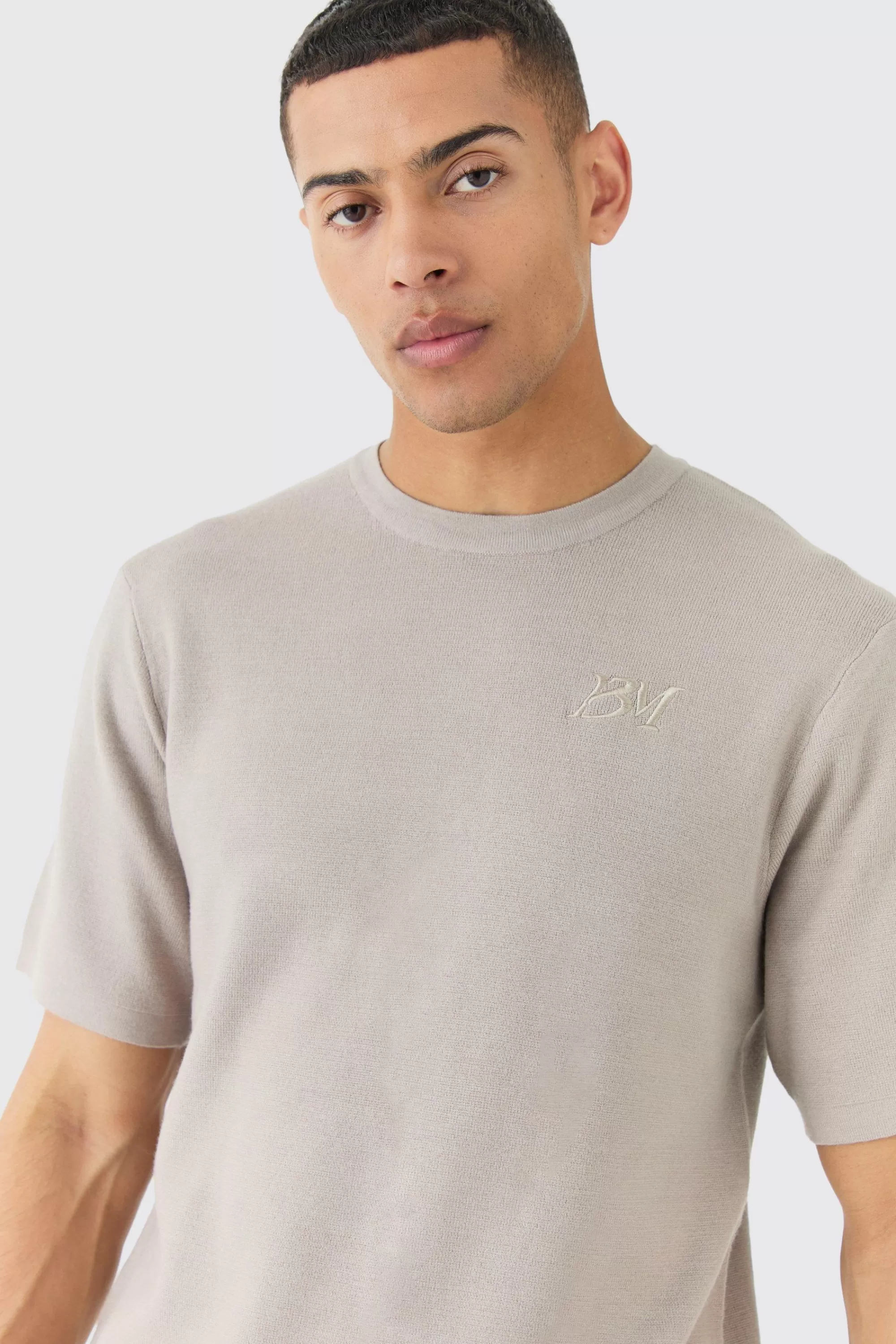 boohooMAN Regular Fit Man Branded Knitted T-shirt | UK light grey Cheap
