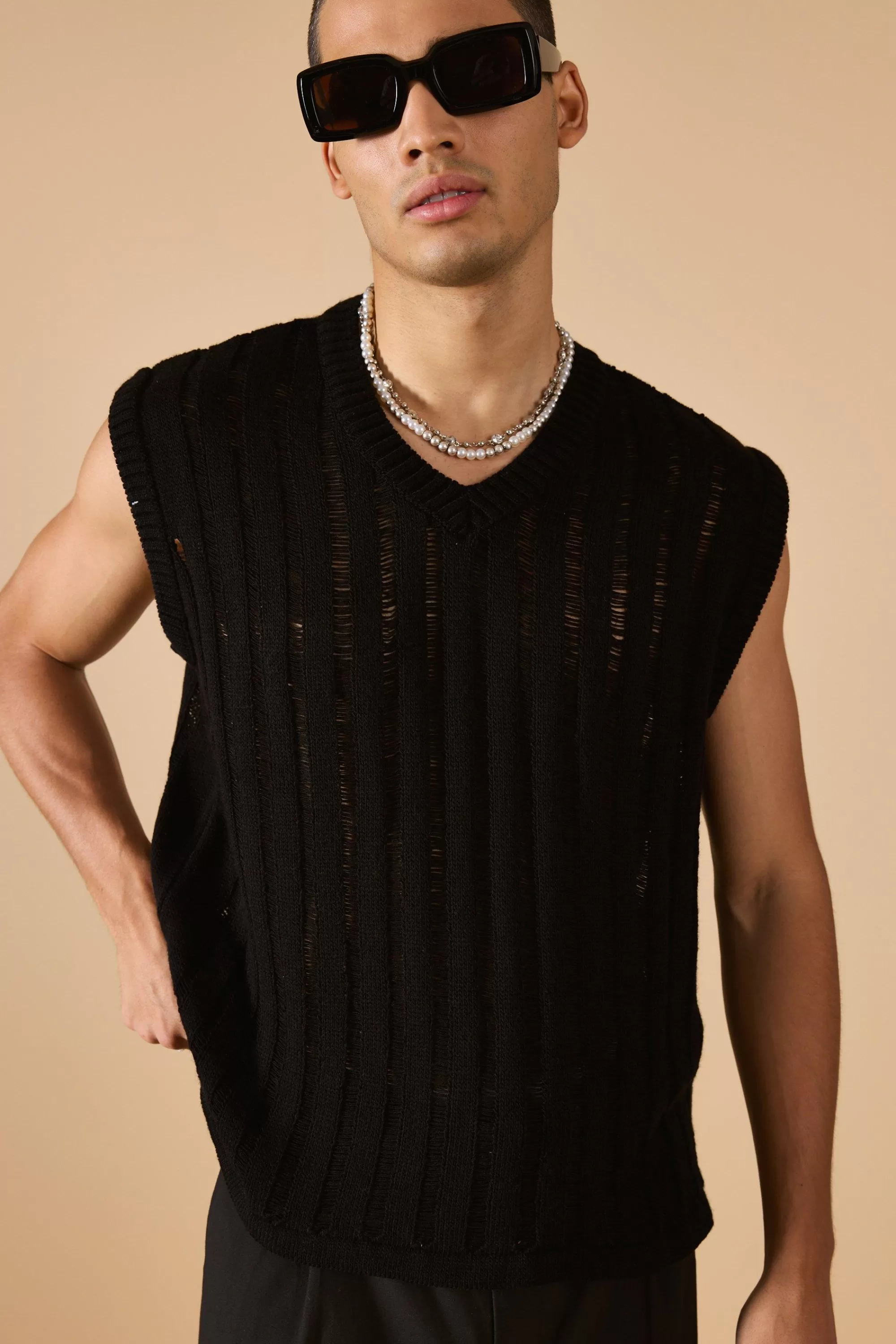 boohooMAN Regular Fit Open Stitch Vest In | UK black Cheap