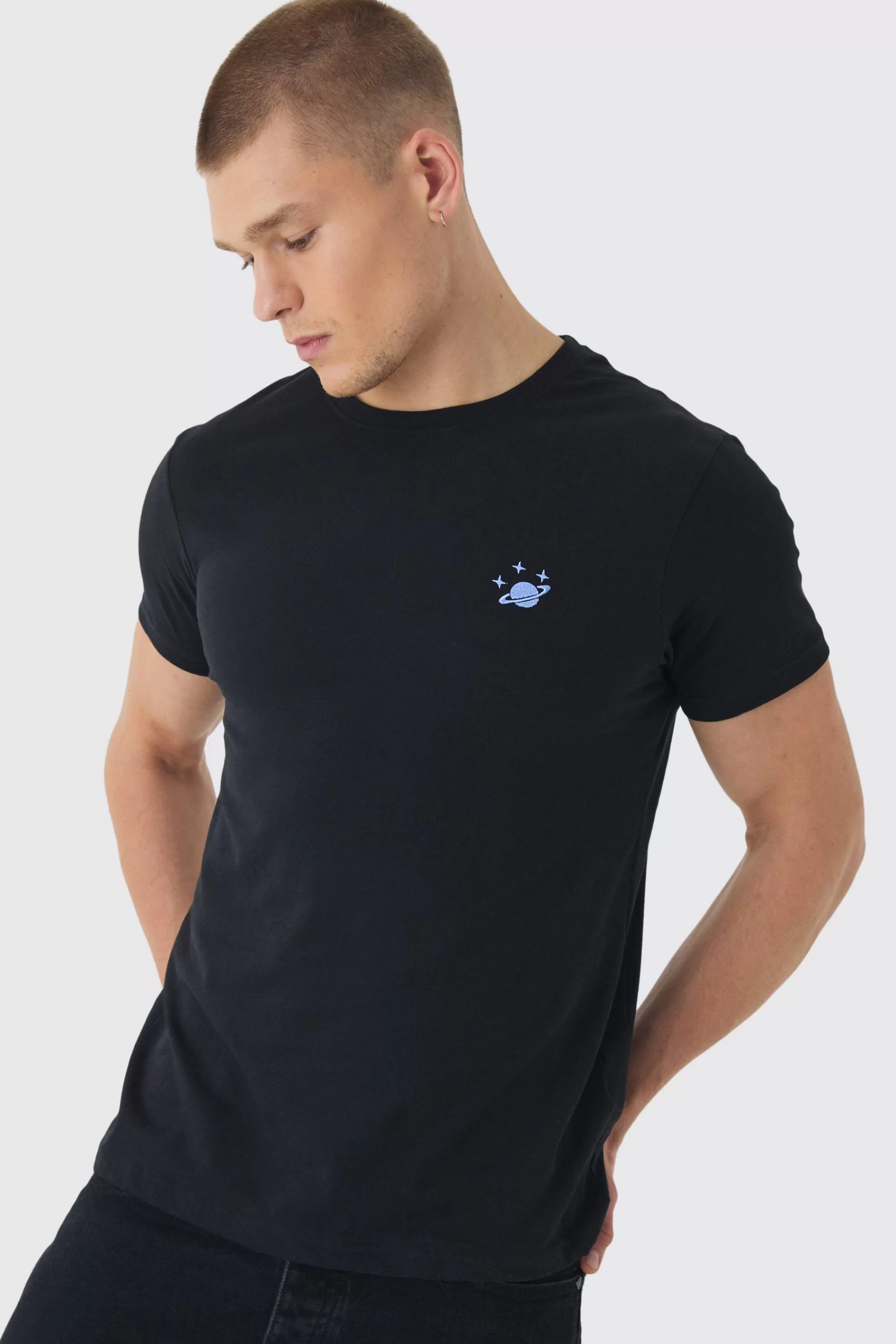 boohooMAN Regular Fit Space Embroidery T-shirt | UK black Cheap