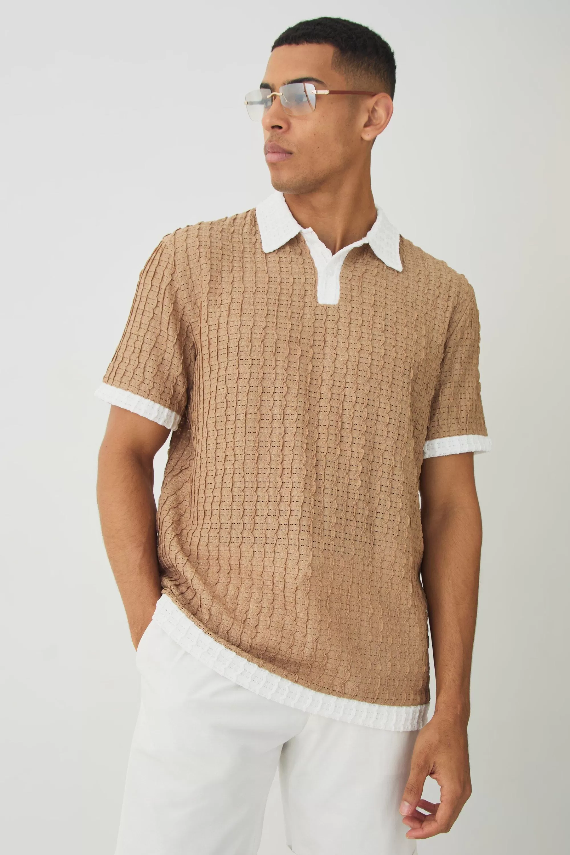 boohooMAN Regular Fit Textured Contrast Polo | UK stone Sale