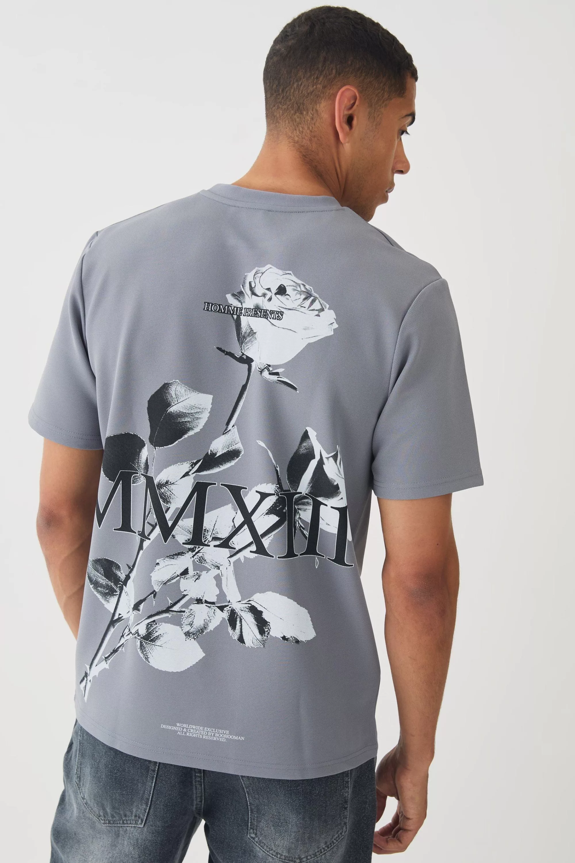 boohooMAN Regular Jersey Twill Rose Print T-shirt | UK charcoal Sale