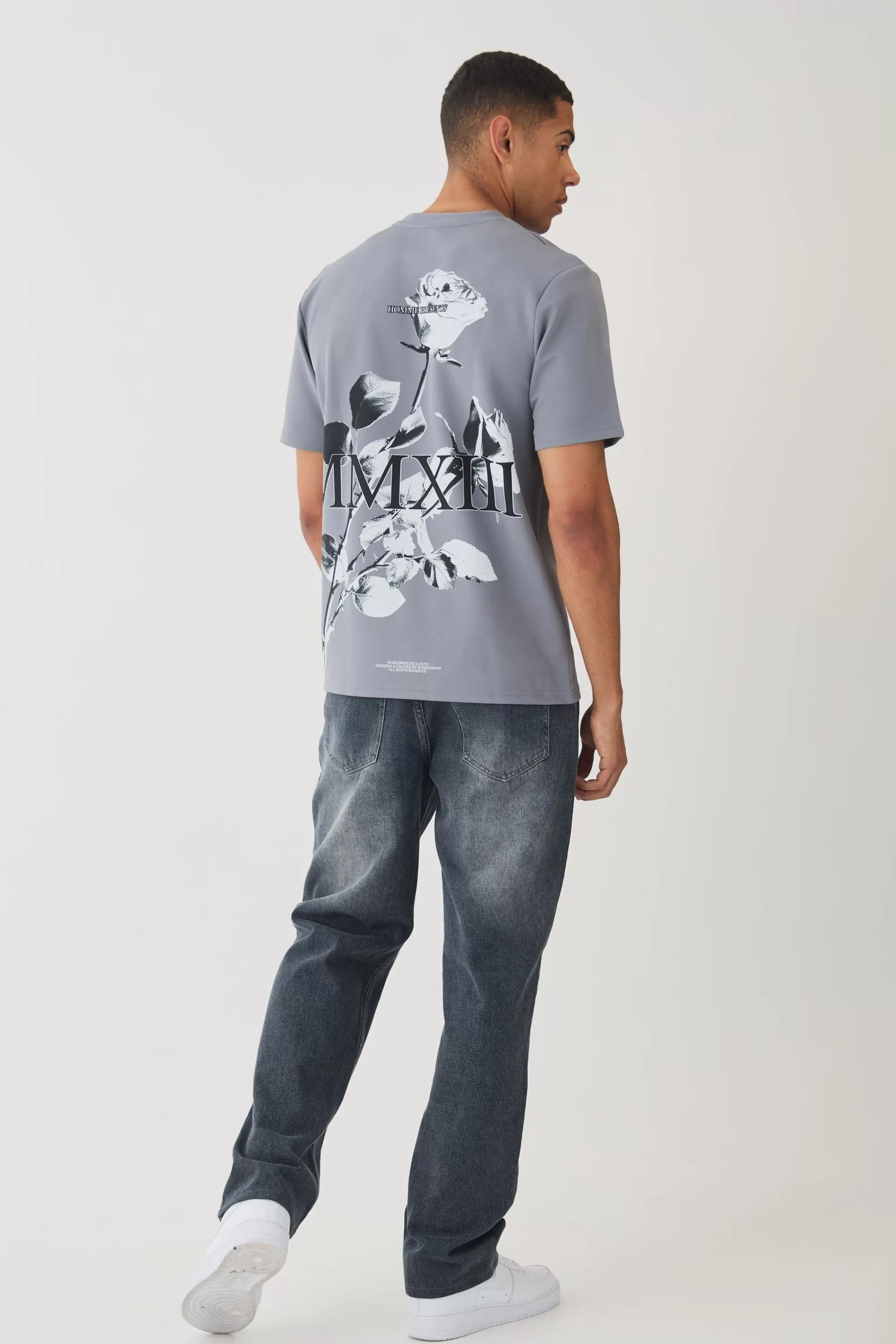 boohooMAN Regular Jersey Twill Rose Print T-shirt | UK charcoal Sale