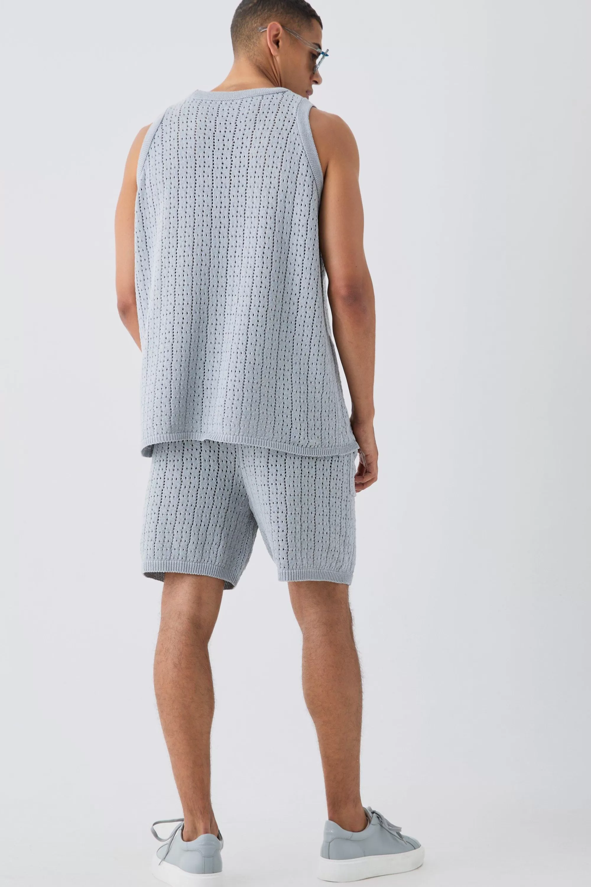 boohooMAN Relaxed Crochet Knitted Vest In | UK grey Clearance