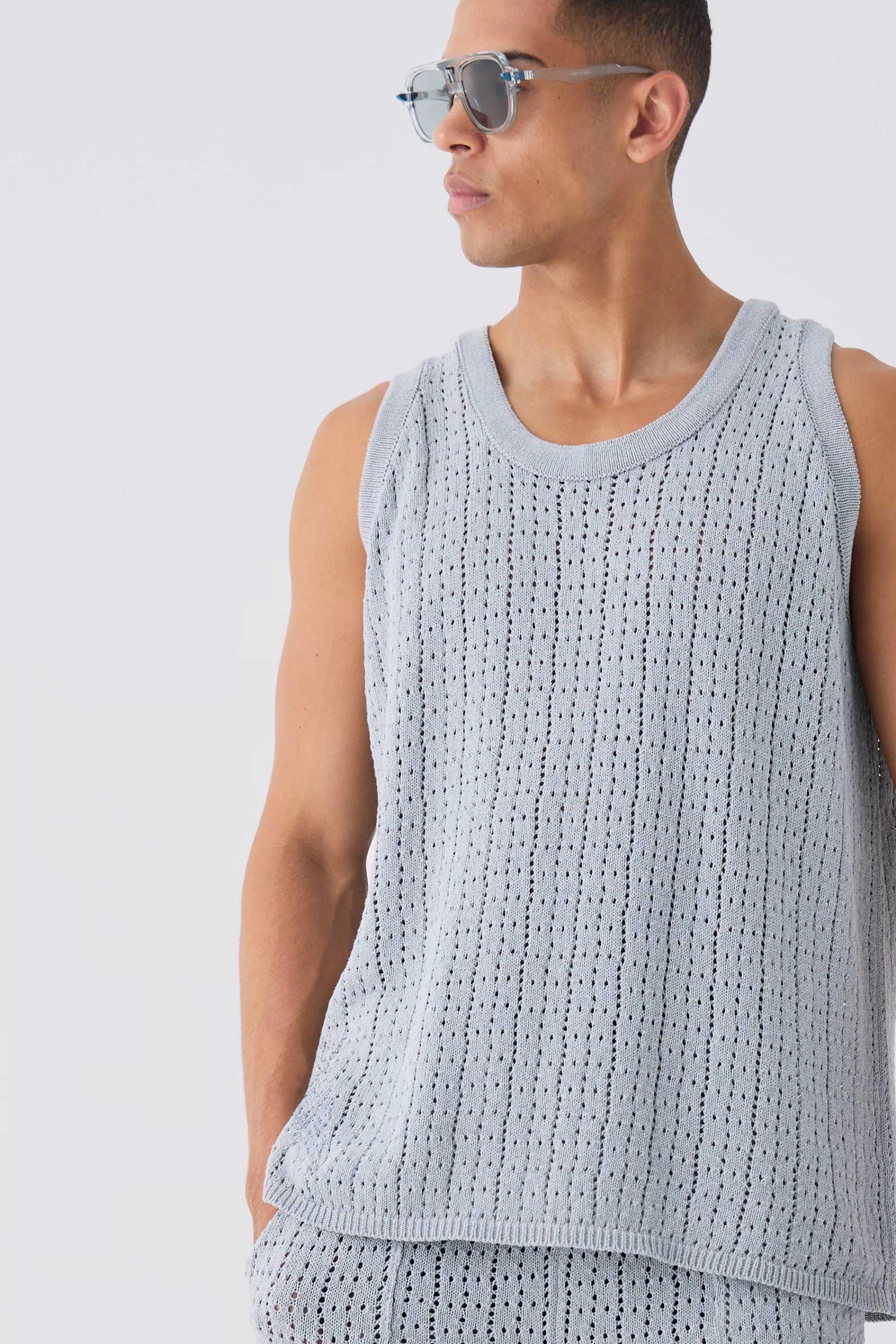 boohooMAN Relaxed Crochet Knitted Vest In | UK grey Clearance