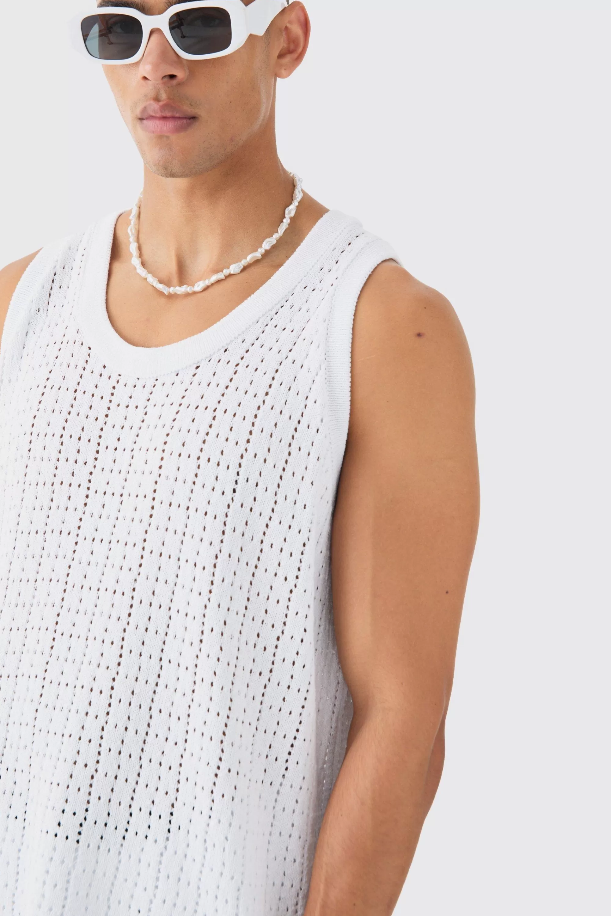 boohooMAN Relaxed Crochet Knitted Vest In | UK white Cheap