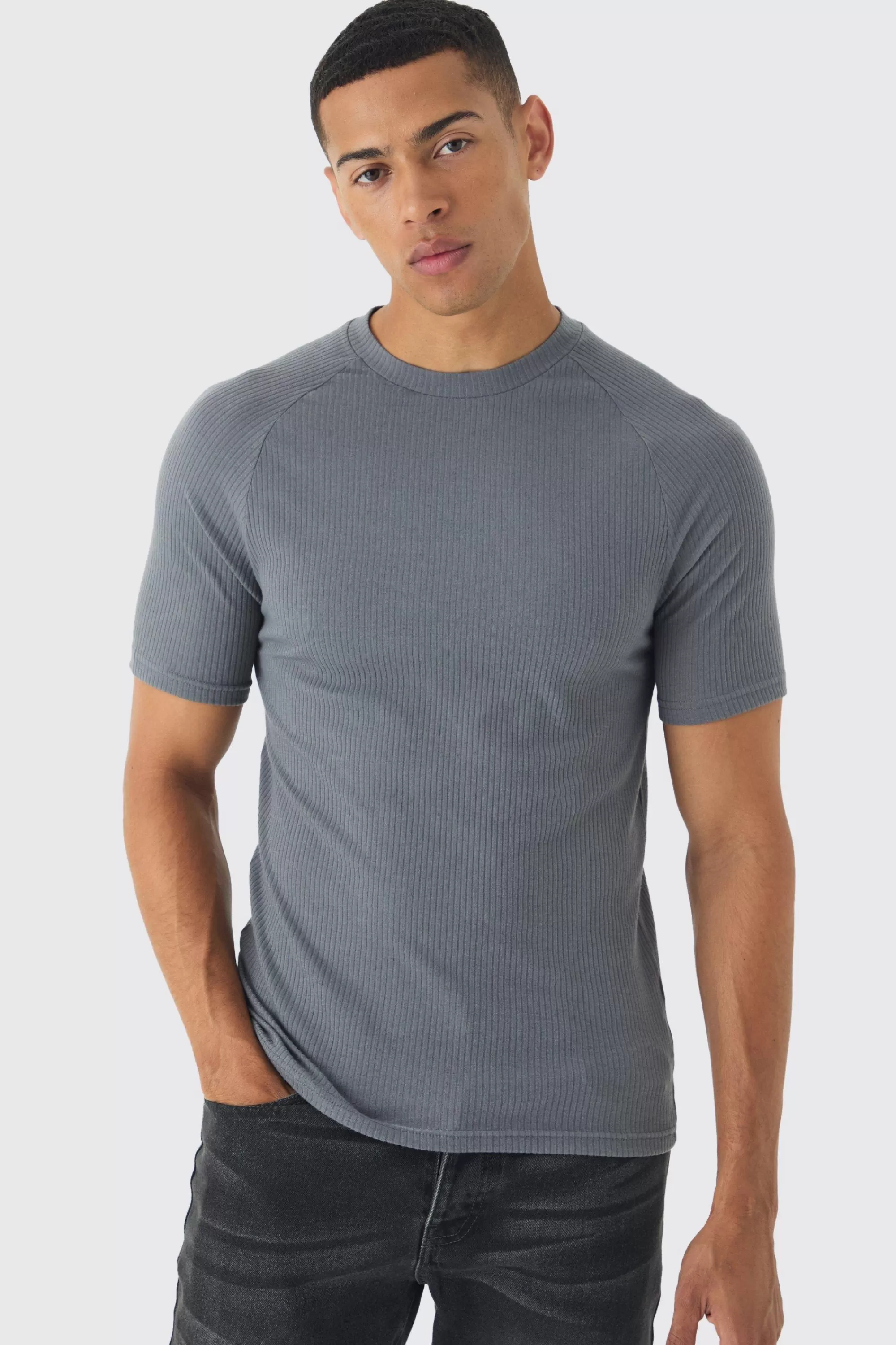 boohooMAN Rib Athlete Raglan T-shirt | UK charcoal New