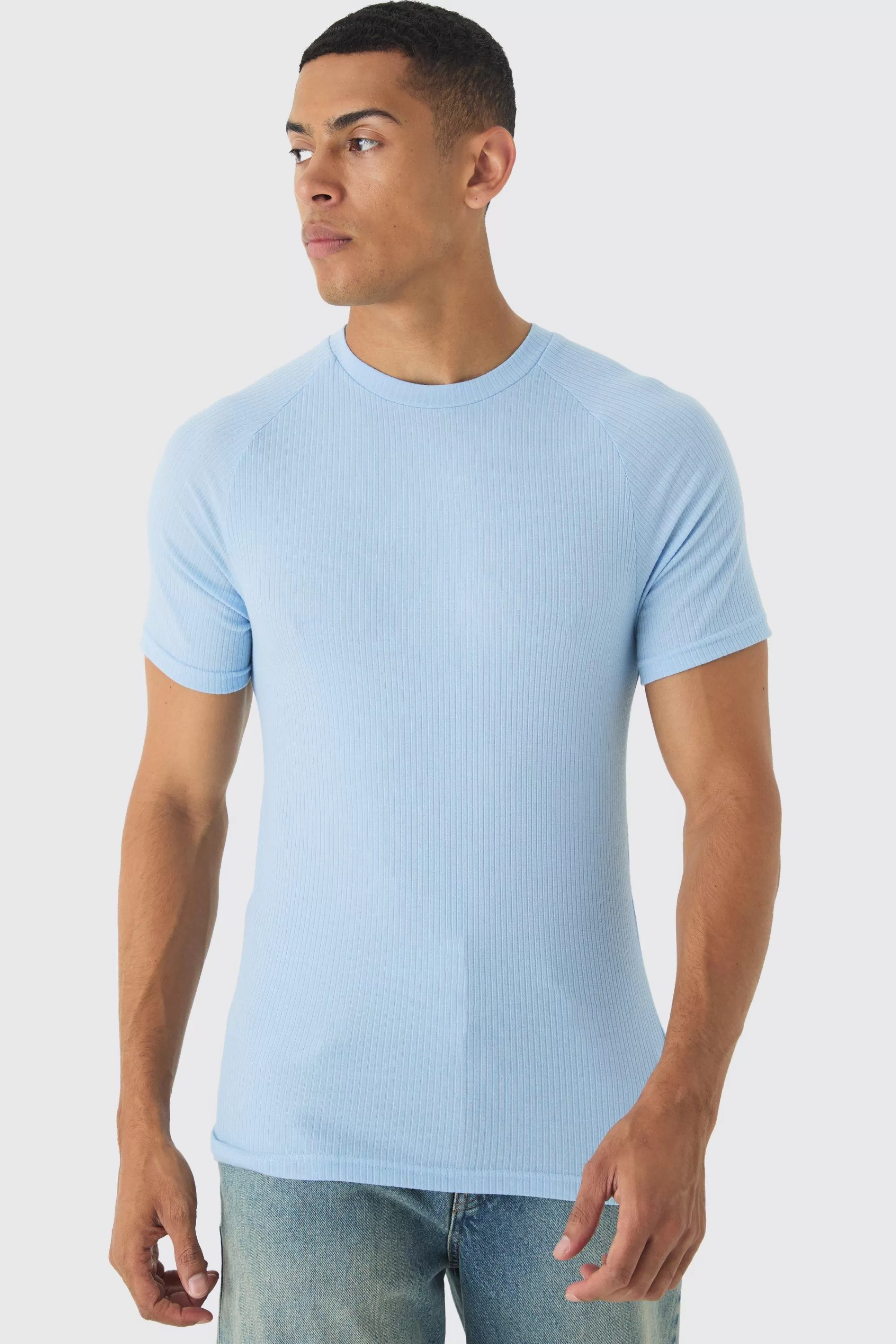 boohooMAN Rib Athlete Raglan T-shirt | UK blue Online