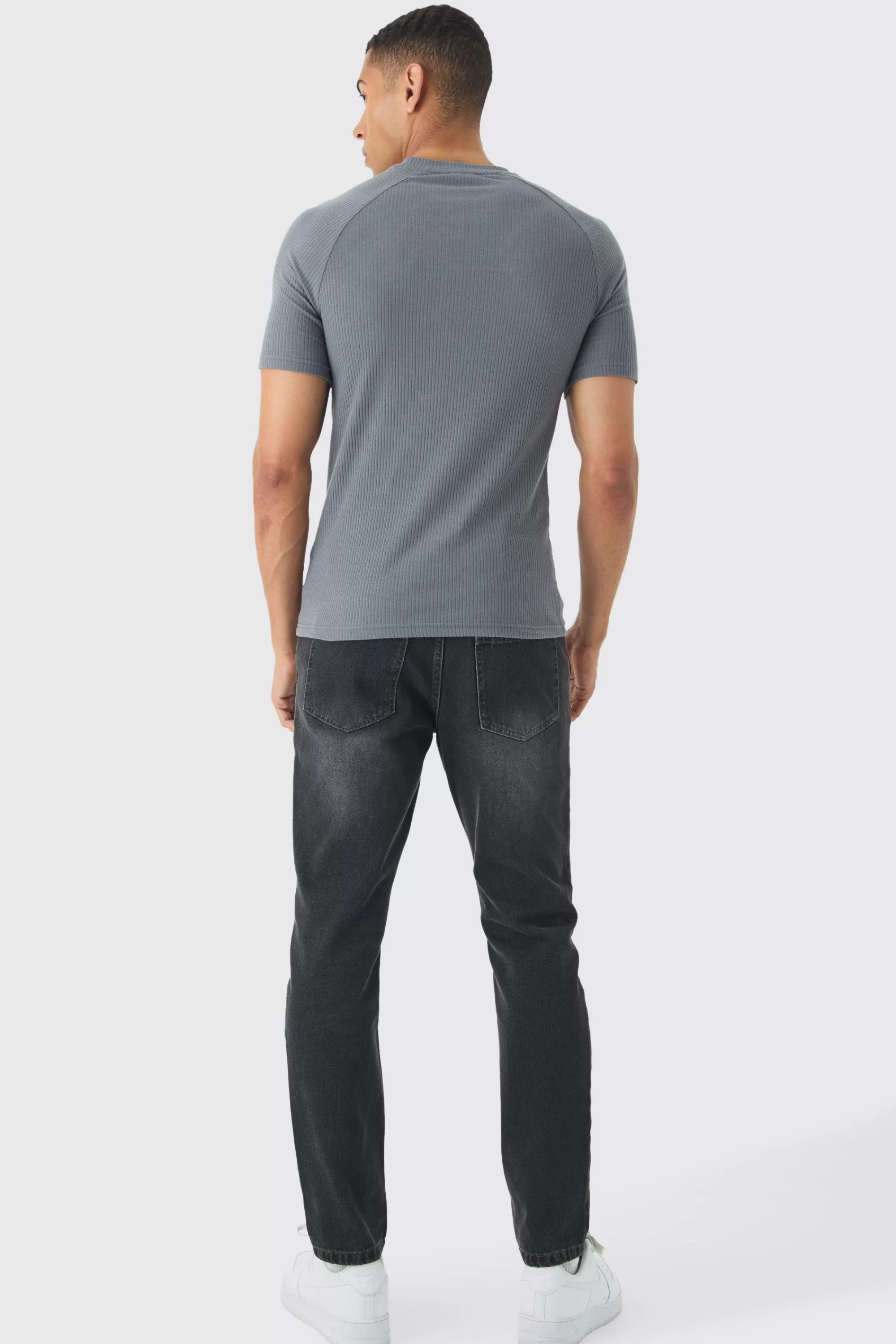 boohooMAN Rib Athlete Raglan T-shirt | UK charcoal New