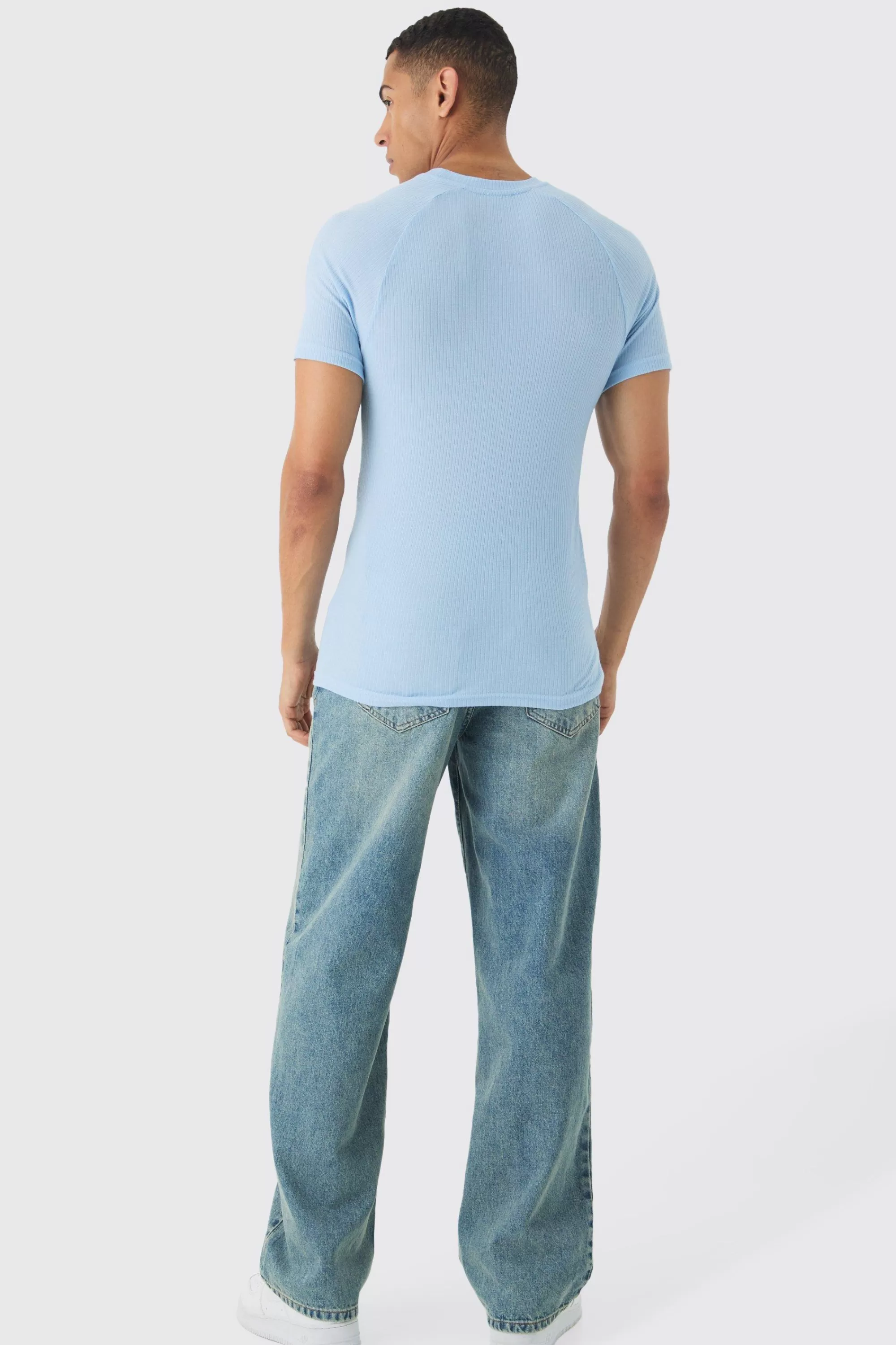 boohooMAN Rib Athlete Raglan T-shirt | UK blue Online