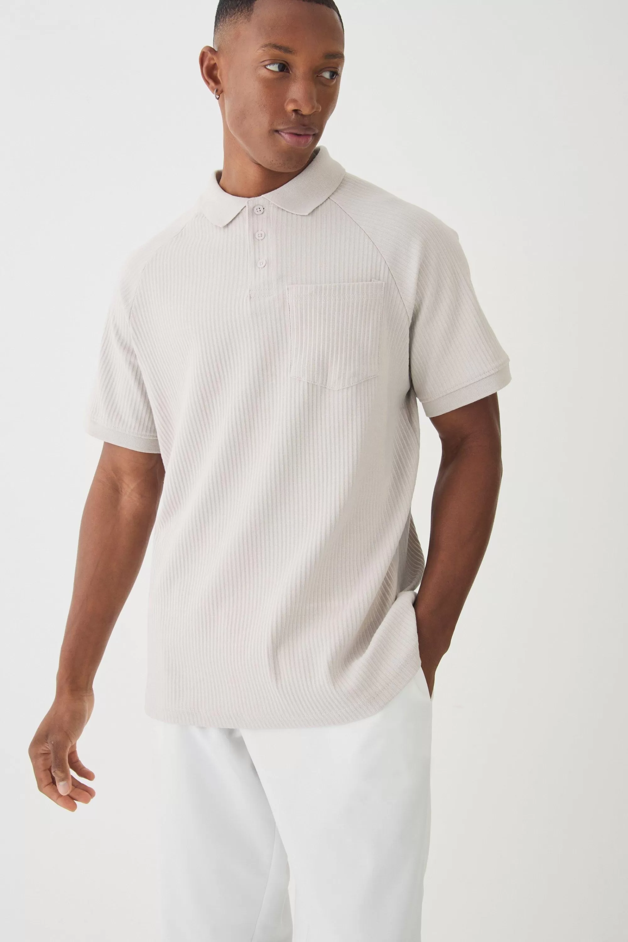 boohooMAN Rib Jersey Pocket Polo | UK light grey Clearance